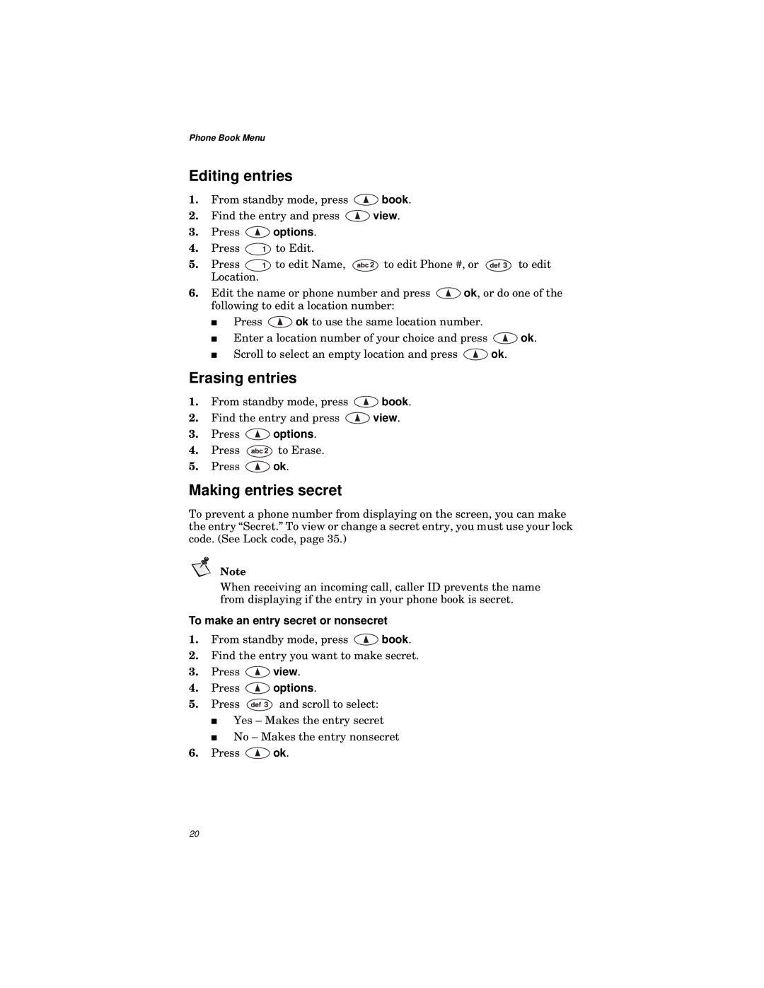 Qualcomm GSP-1600 manual Editing entries, Erasing entries, Making entries secret, Press options 