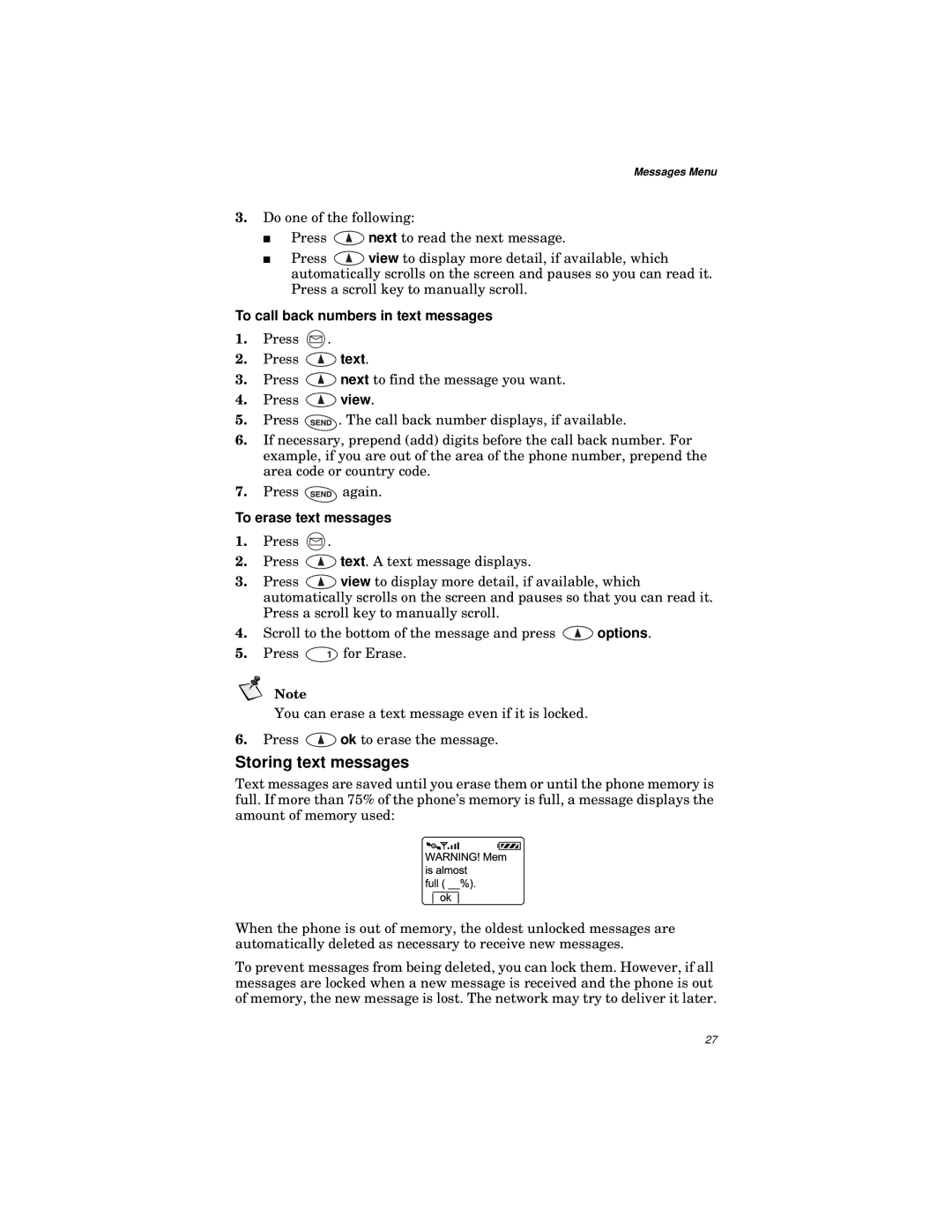 Qualcomm GSP-1600 manual Storing text messages, To call back numbers in text messages, To erase text messages 