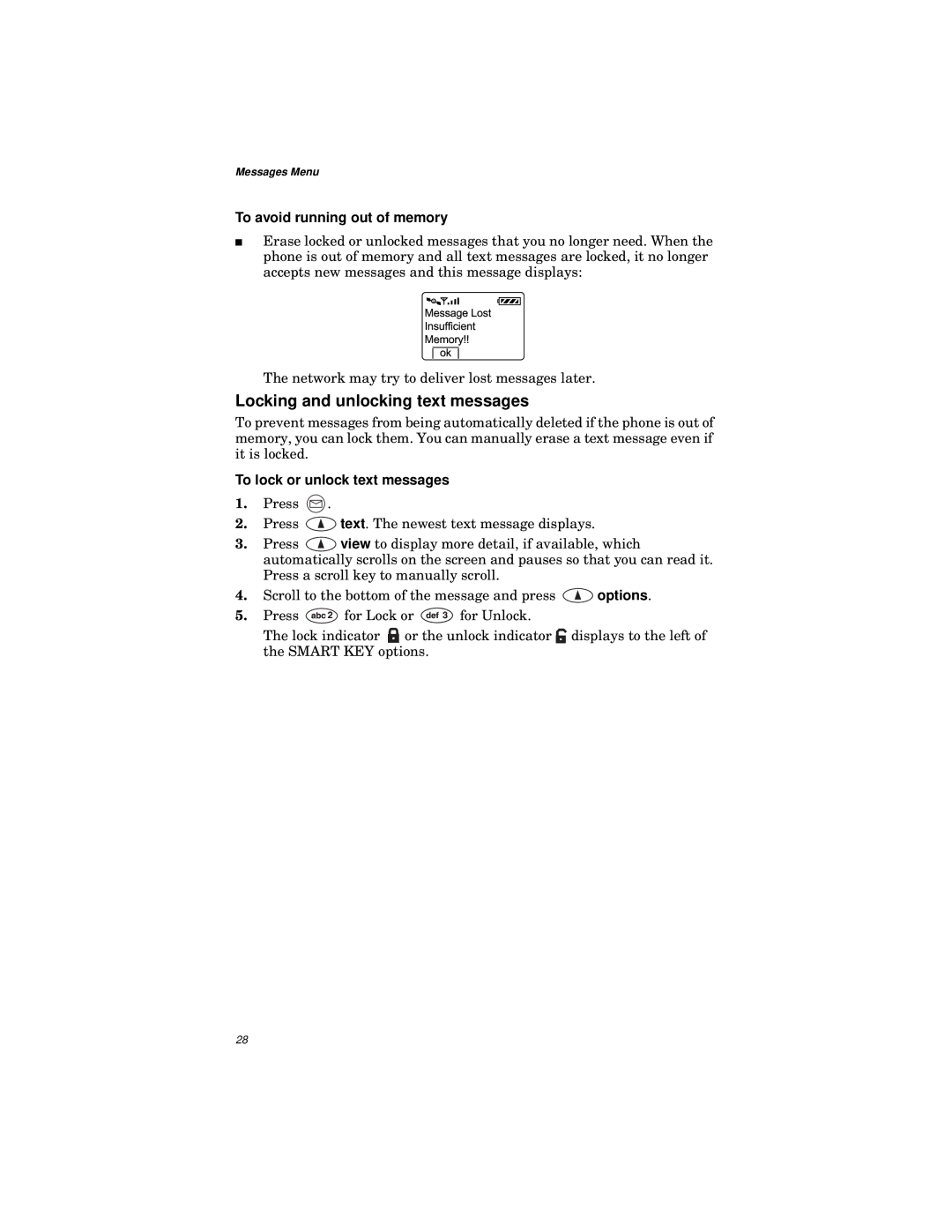 Qualcomm GSP-1600 Locking and unlocking text messages, To avoid running out of memory, To lock or unlock text messages 