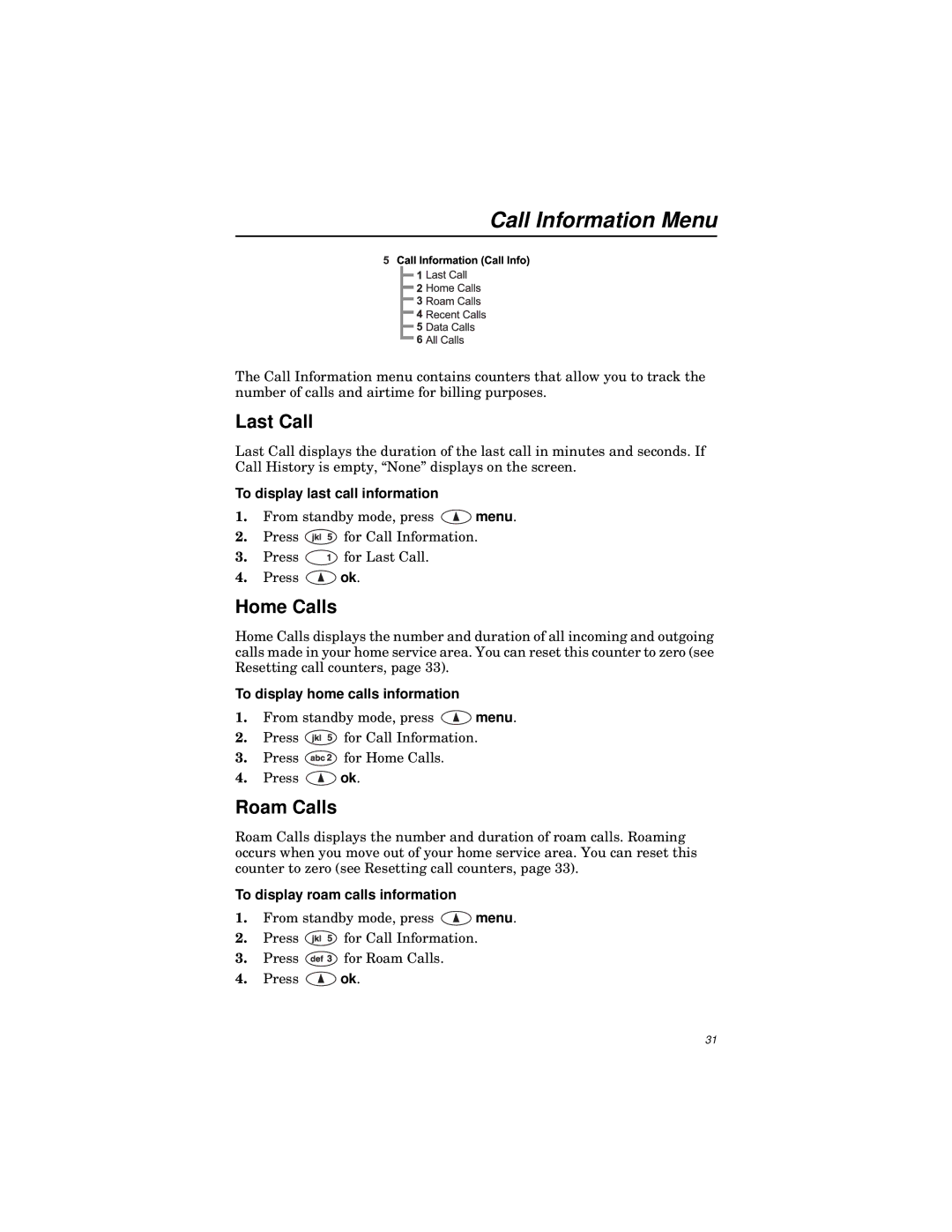 Qualcomm GSP-1600 manual Call Information Menu, Last Call, Home Calls, Roam Calls 