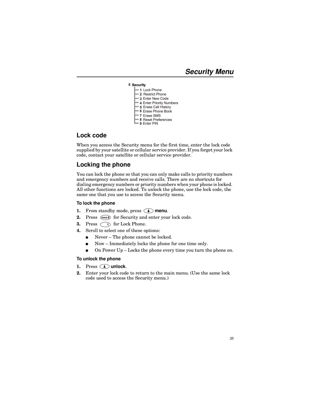 Qualcomm GSP-1600 manual Security Menu, Lock code, Locking the phone, To lock the phone, To unlock the phone 