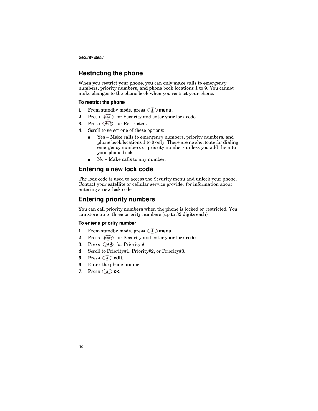 Qualcomm GSP-1600 manual Restricting the phone, Entering a new lock code, Entering priority numbers, To restrict the phone 