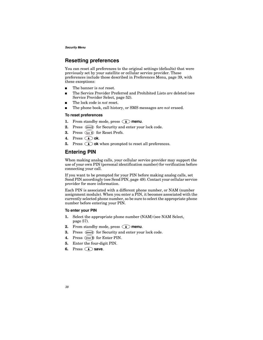 Qualcomm GSP-1600 manual Resetting preferences, Entering PIN, To reset preferences, To enter your PIN 