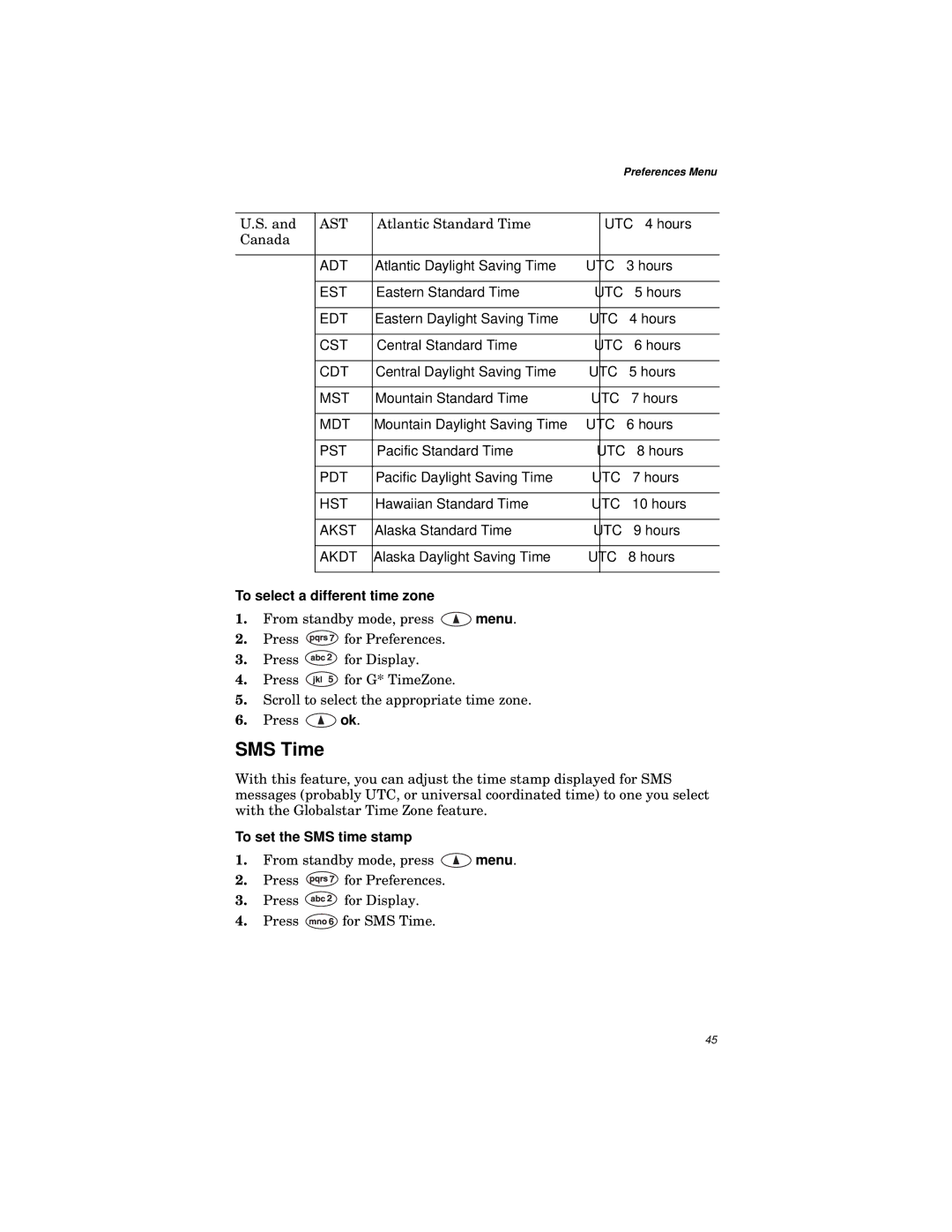 Qualcomm GSP-1600 manual SMS Time, To select a different time zone, To set the SMS time stamp 