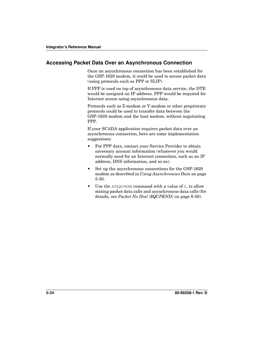 Qualcomm GSP-1620 specifications Accessing Packet Data Over an Asynchronous Connection 