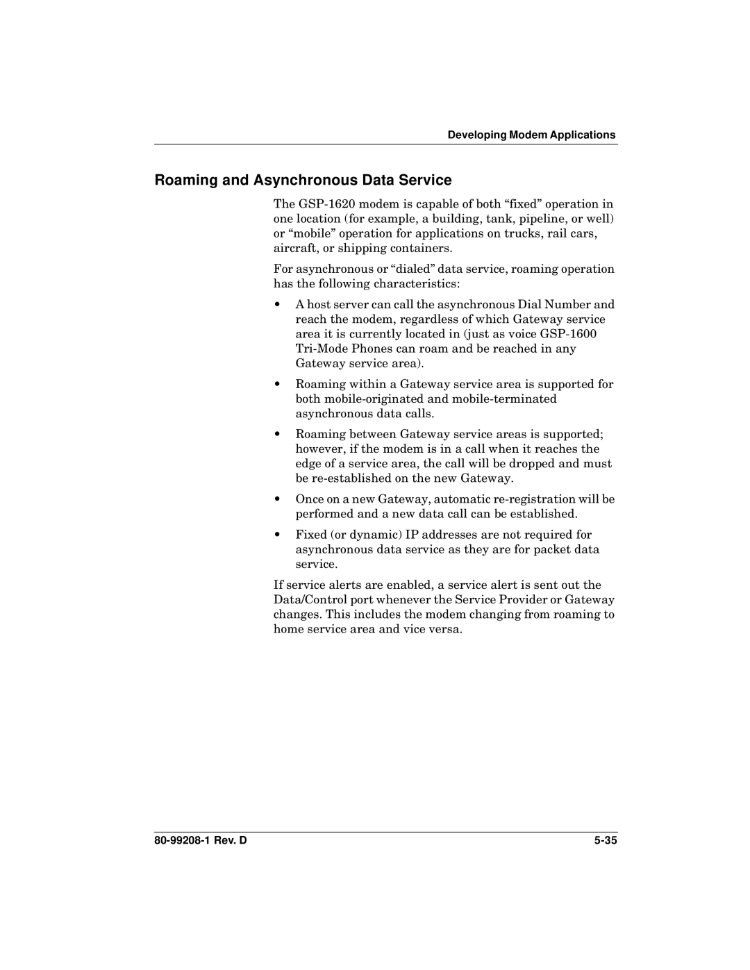 Qualcomm GSP-1620 specifications Roaming and Asynchronous Data Service 