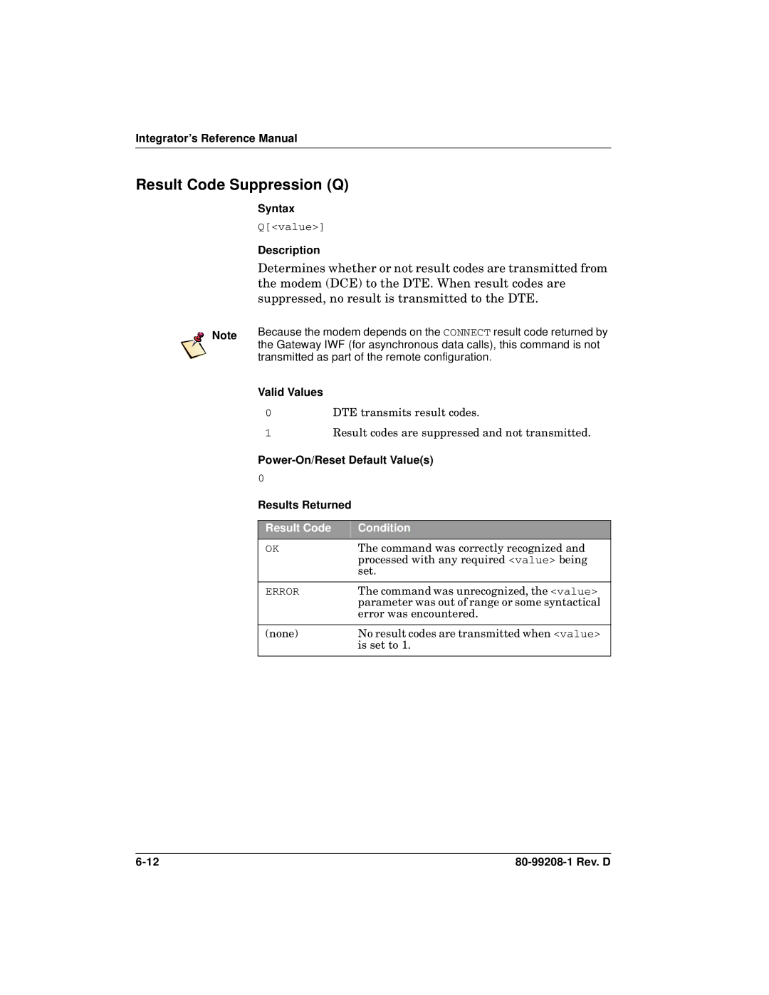 Qualcomm GSP-1620 specifications Result Code Suppression Q, Integrator’s Reference Manual 