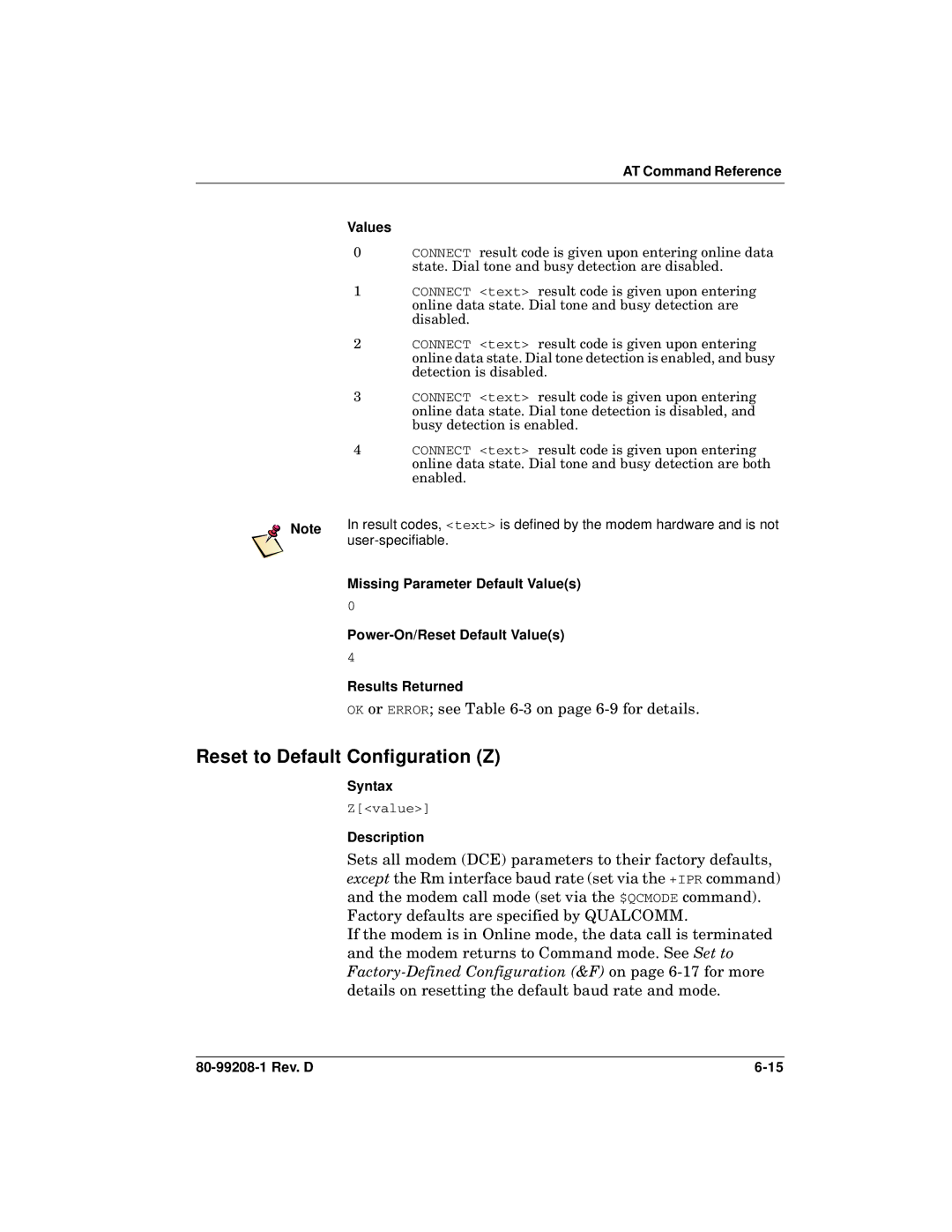 Qualcomm GSP-1620 specifications Reset to Default Configuration Z, AT Command Reference Values 