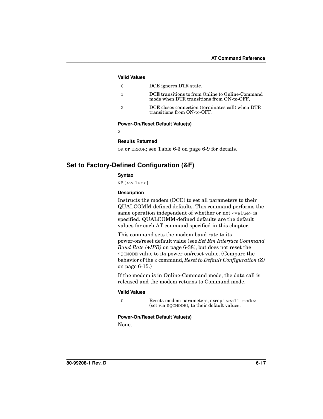 Qualcomm GSP-1620 specifications Set to Factory-Defined Configuration &F, AT Command Reference Valid Values 