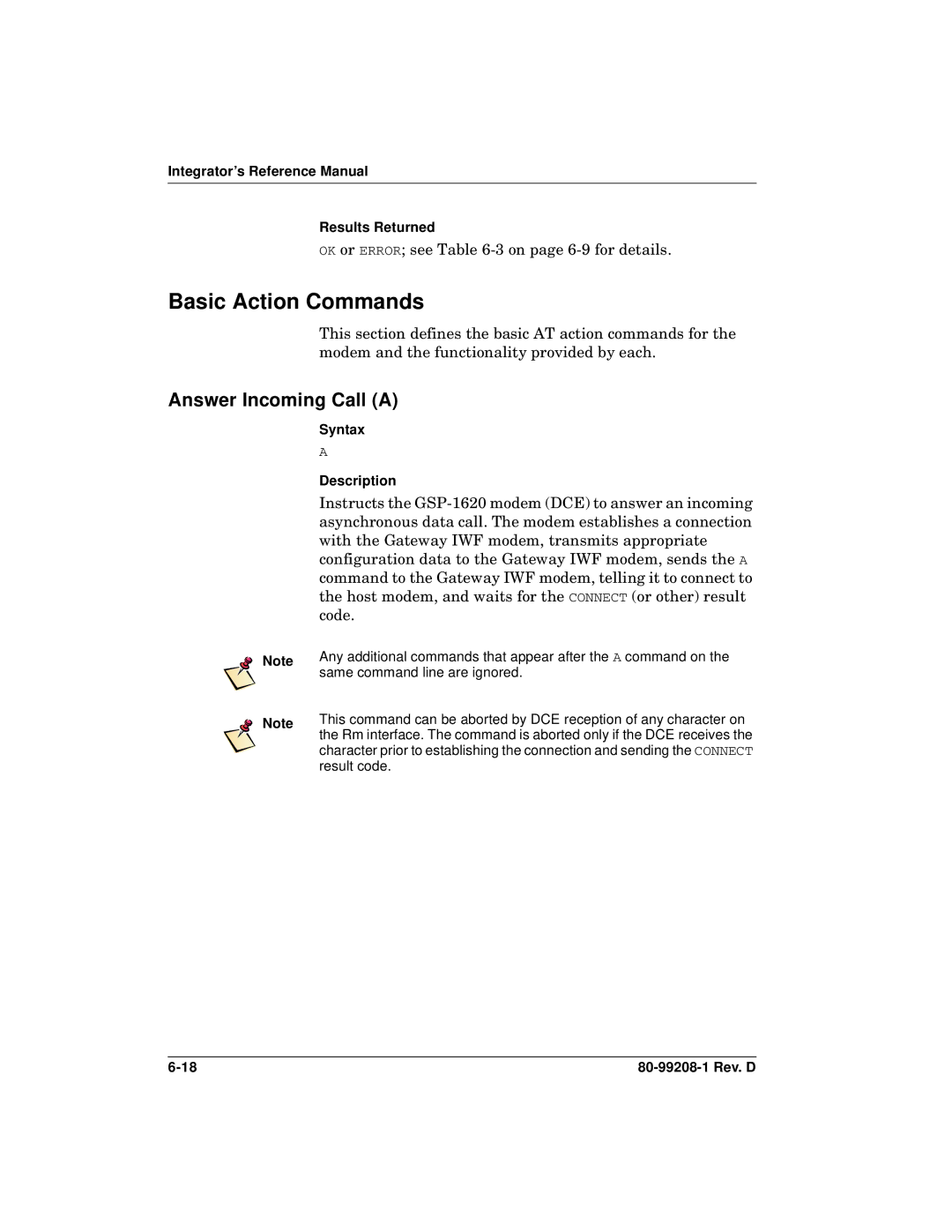 Qualcomm GSP-1620 Basic Action Commands, Answer Incoming Call a, Integrator’s Reference Manual Results Returned 