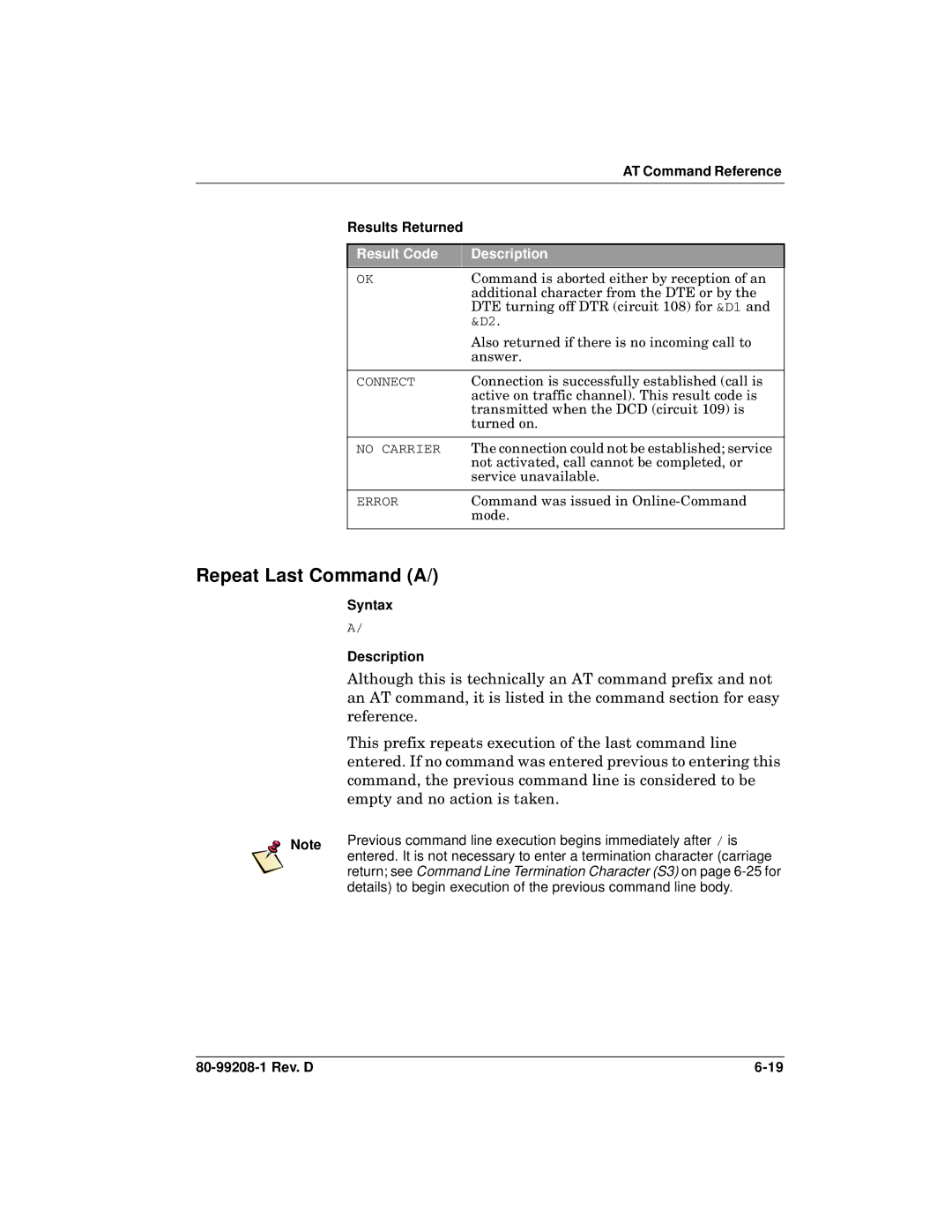 Qualcomm GSP-1620 specifications Repeat Last Command a, Result Code Description 