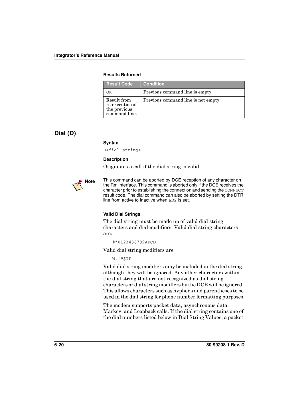 Qualcomm GSP-1620 specifications Dial D, Originates a call if the dial string is valid, Valid dial string modifiers are 