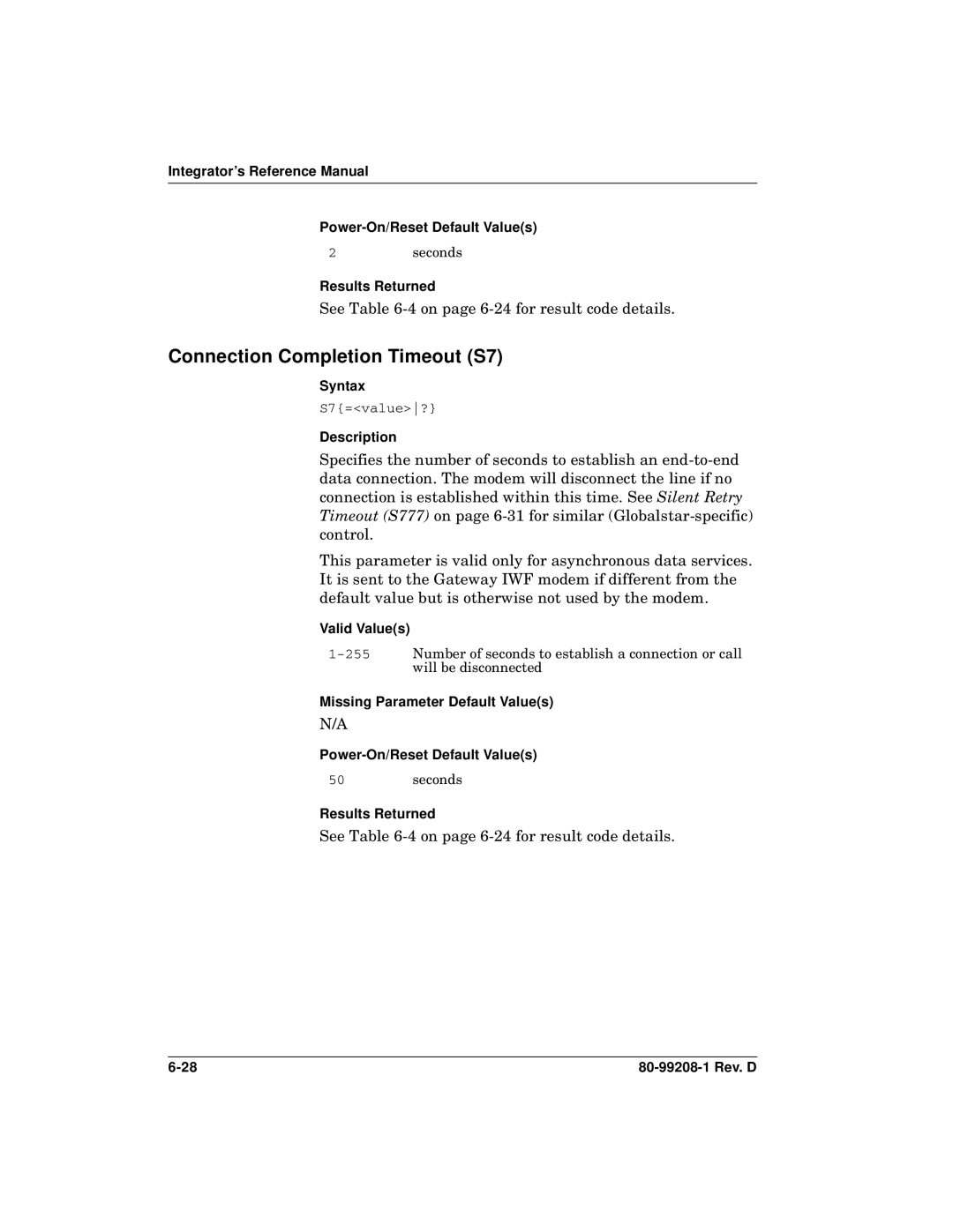 Qualcomm GSP-1620 Connection Completion Timeout S7, Integrator’s Reference Manual Power-On/Reset Default Values 