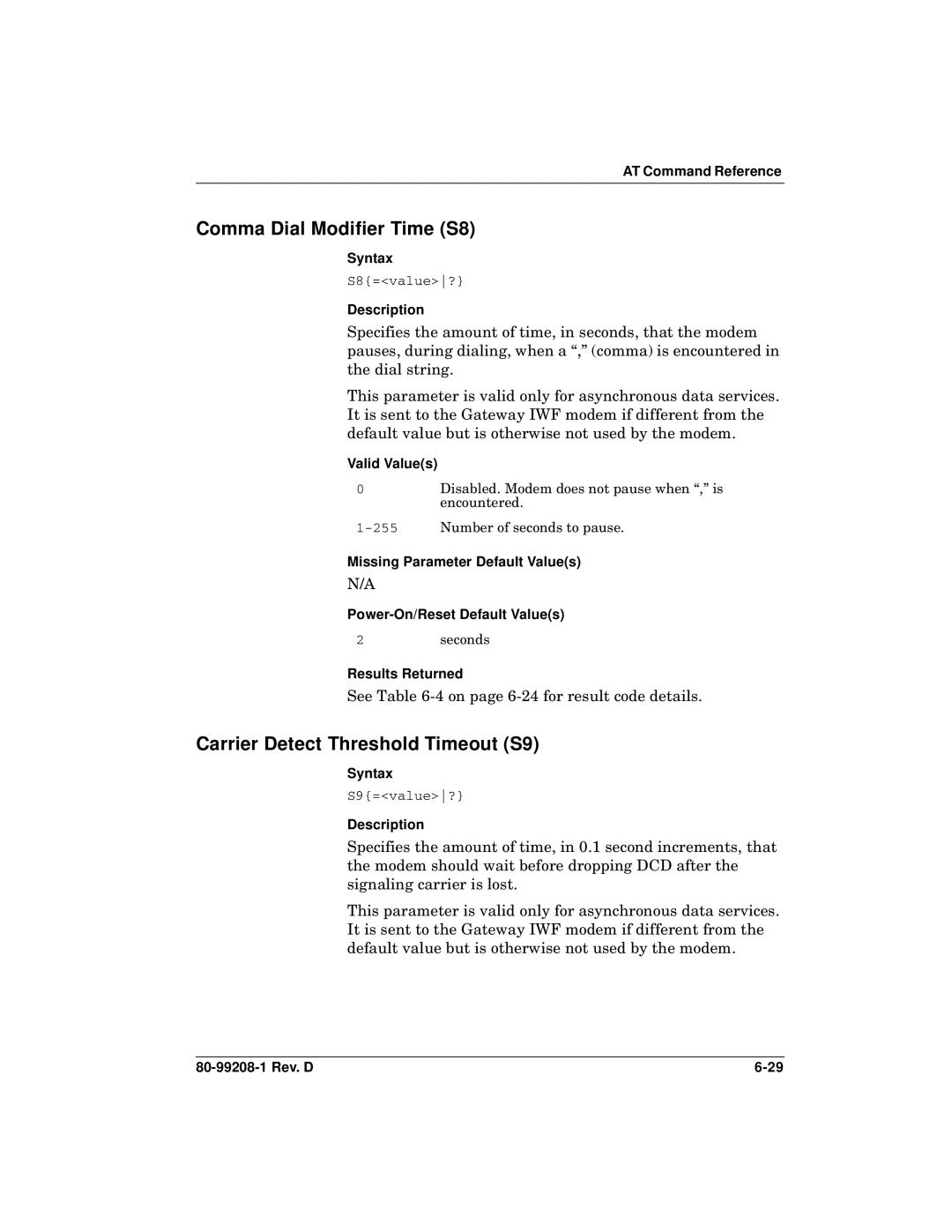 Qualcomm GSP-1620 specifications Comma Dial Modifier Time S8, Carrier Detect Threshold Timeout S9 