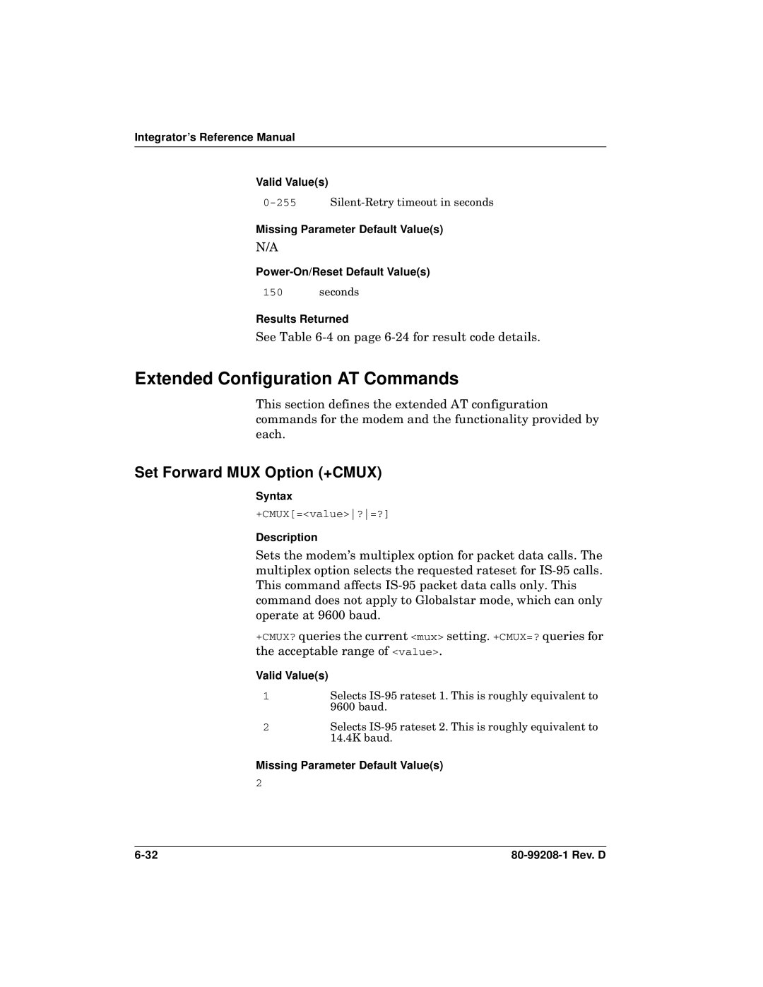 Qualcomm GSP-1620 Extended Configuration AT Commands, Set Forward MUX Option +CMUX, Missing Parameter Default Values 