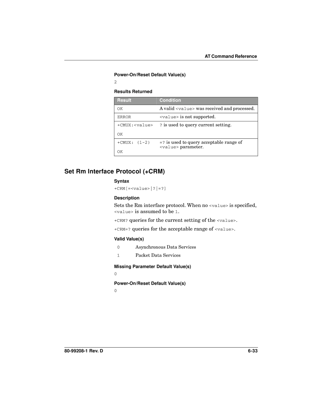 Qualcomm GSP-1620 specifications Set Rm Interface Protocol +CRM, Result Condition 