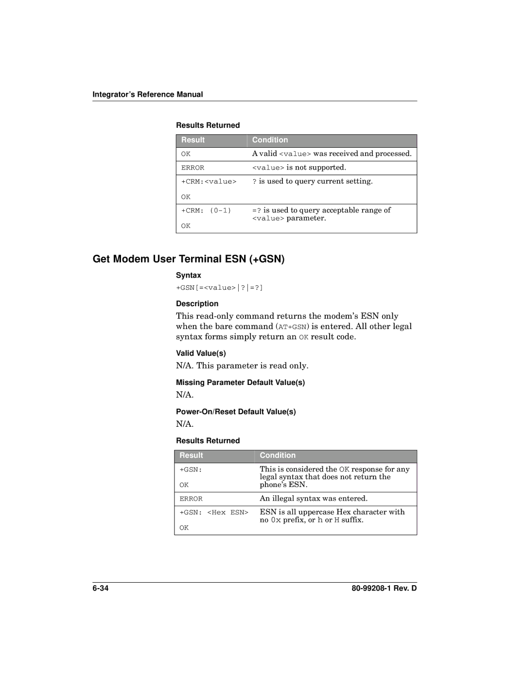 Qualcomm GSP-1620 specifications Get Modem User Terminal ESN +GSN, This parameter is read only 