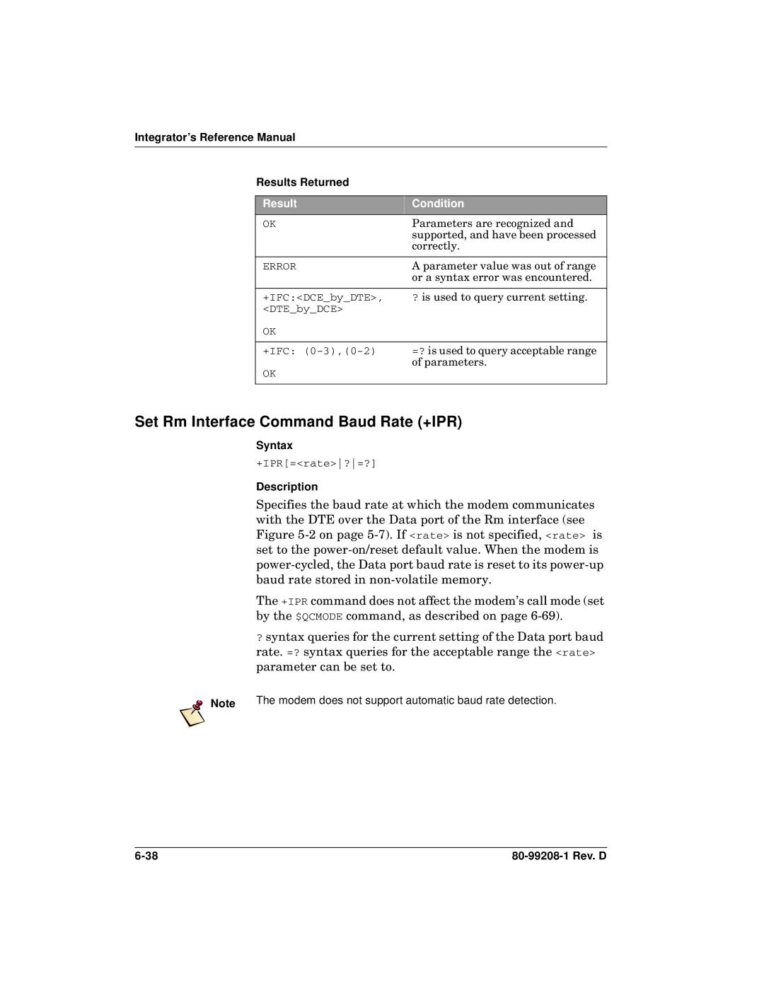 Qualcomm GSP-1620 specifications Set Rm Interface Command Baud Rate +IPR, Integrator’s Reference Manual Results Returned 