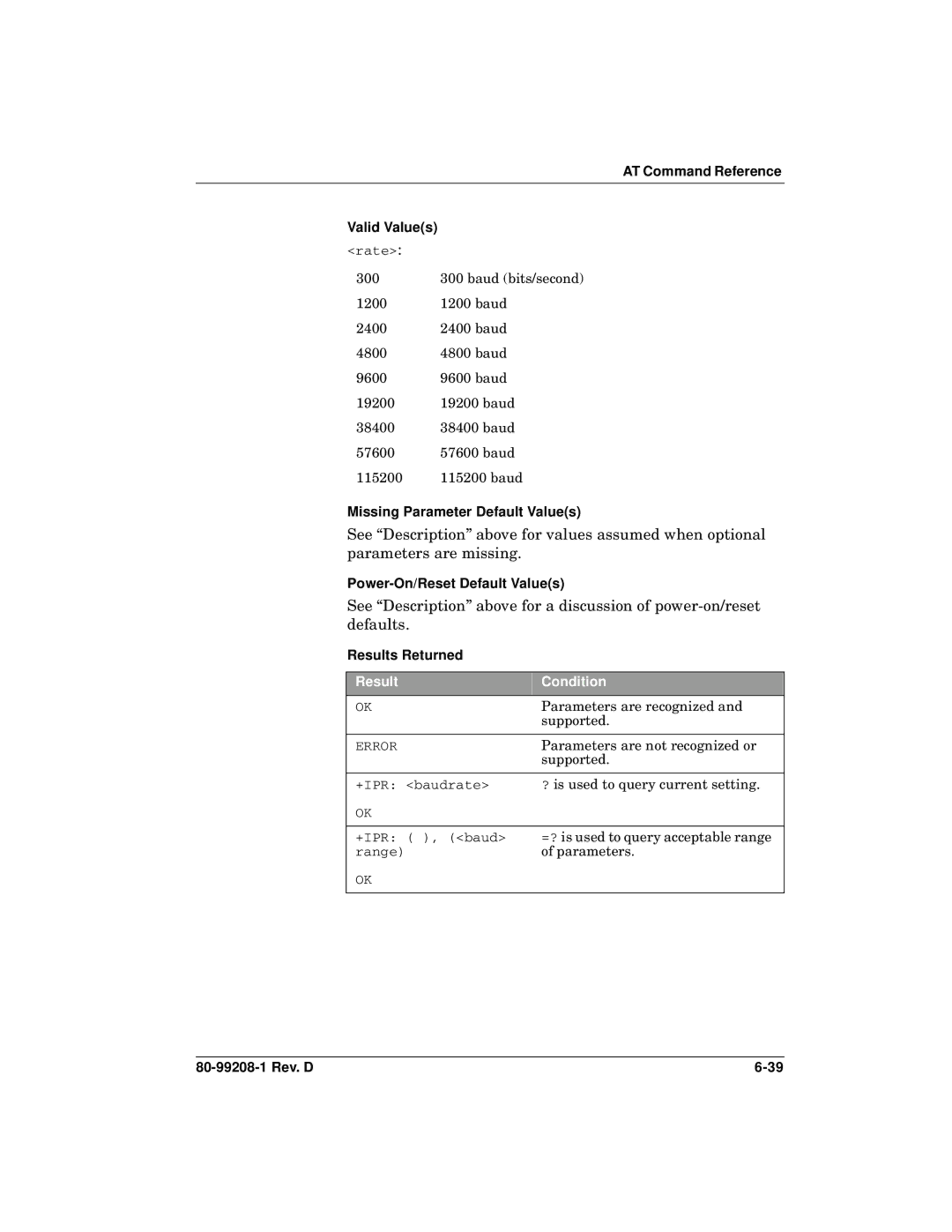 Qualcomm GSP-1620 specifications AT Command Reference Valid Values rate 