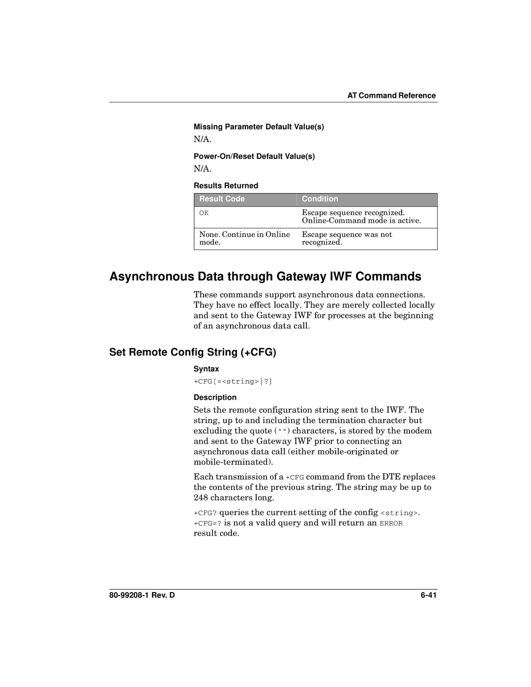 Qualcomm GSP-1620 specifications Asynchronous Data through Gateway IWF Commands, Set Remote Config String +CFG 