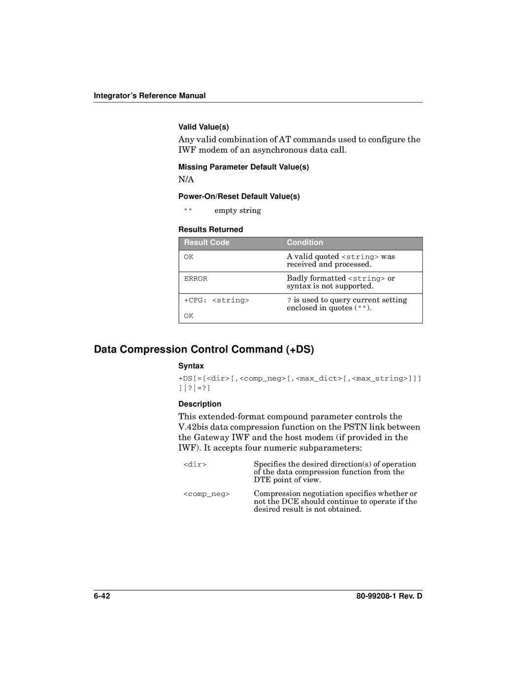 Qualcomm GSP-1620 specifications Data Compression Control Command +DS, Integrator’s Reference Manual Valid Values 