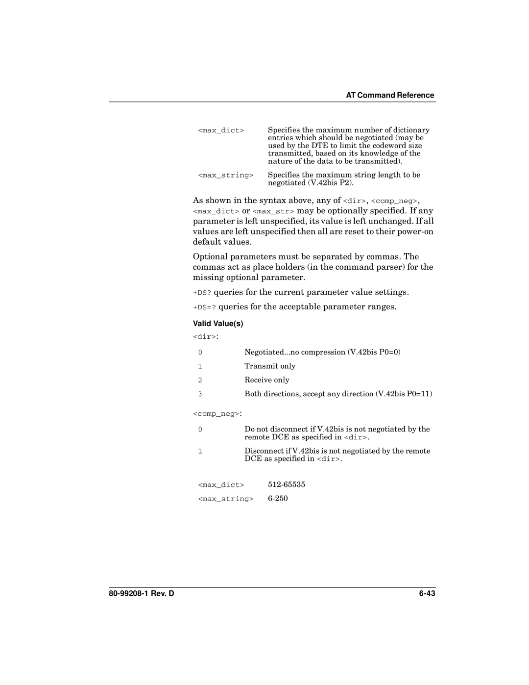 Qualcomm GSP-1620 specifications Maxdict 512-65535maxstring 