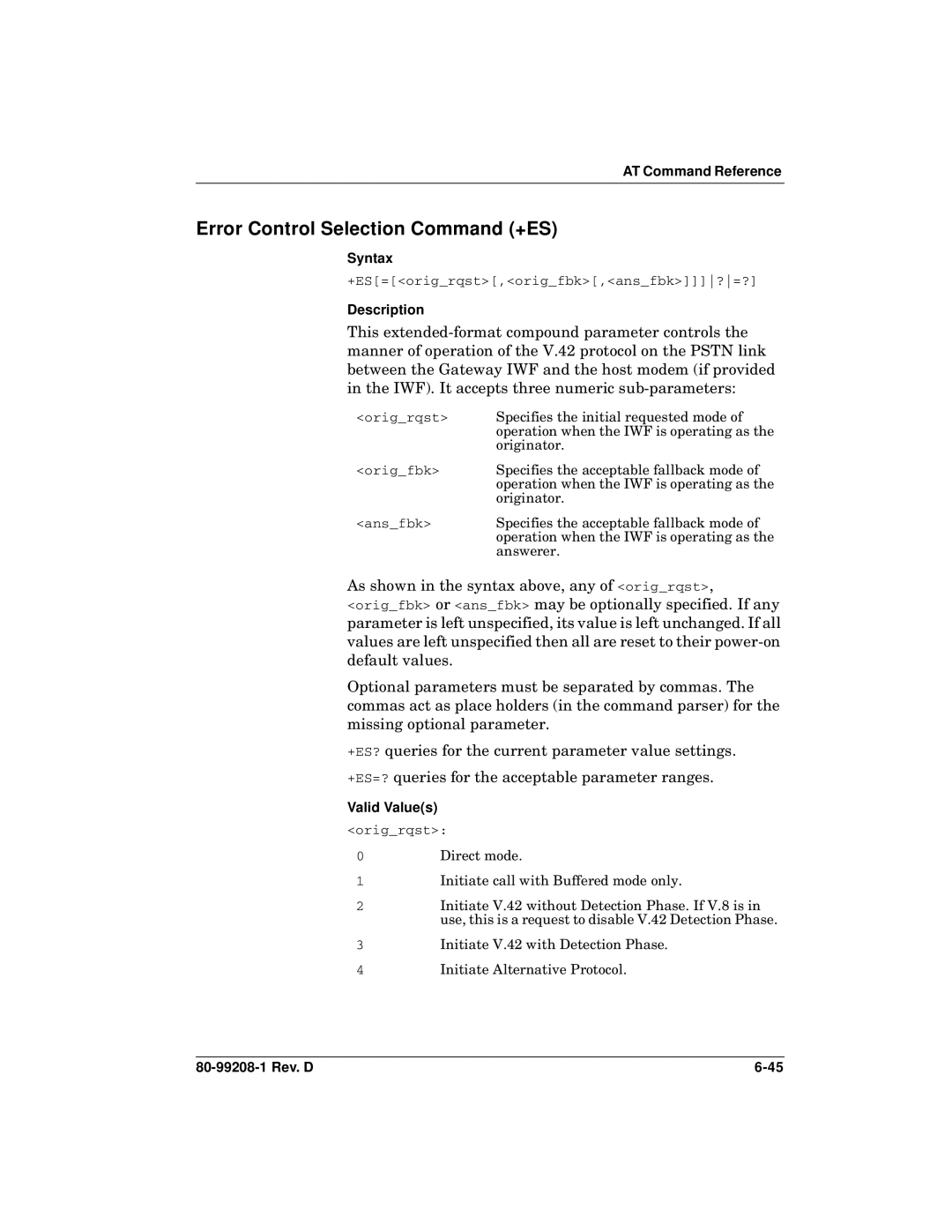 Qualcomm GSP-1620 specifications Error Control Selection Command +ES, Syntax 