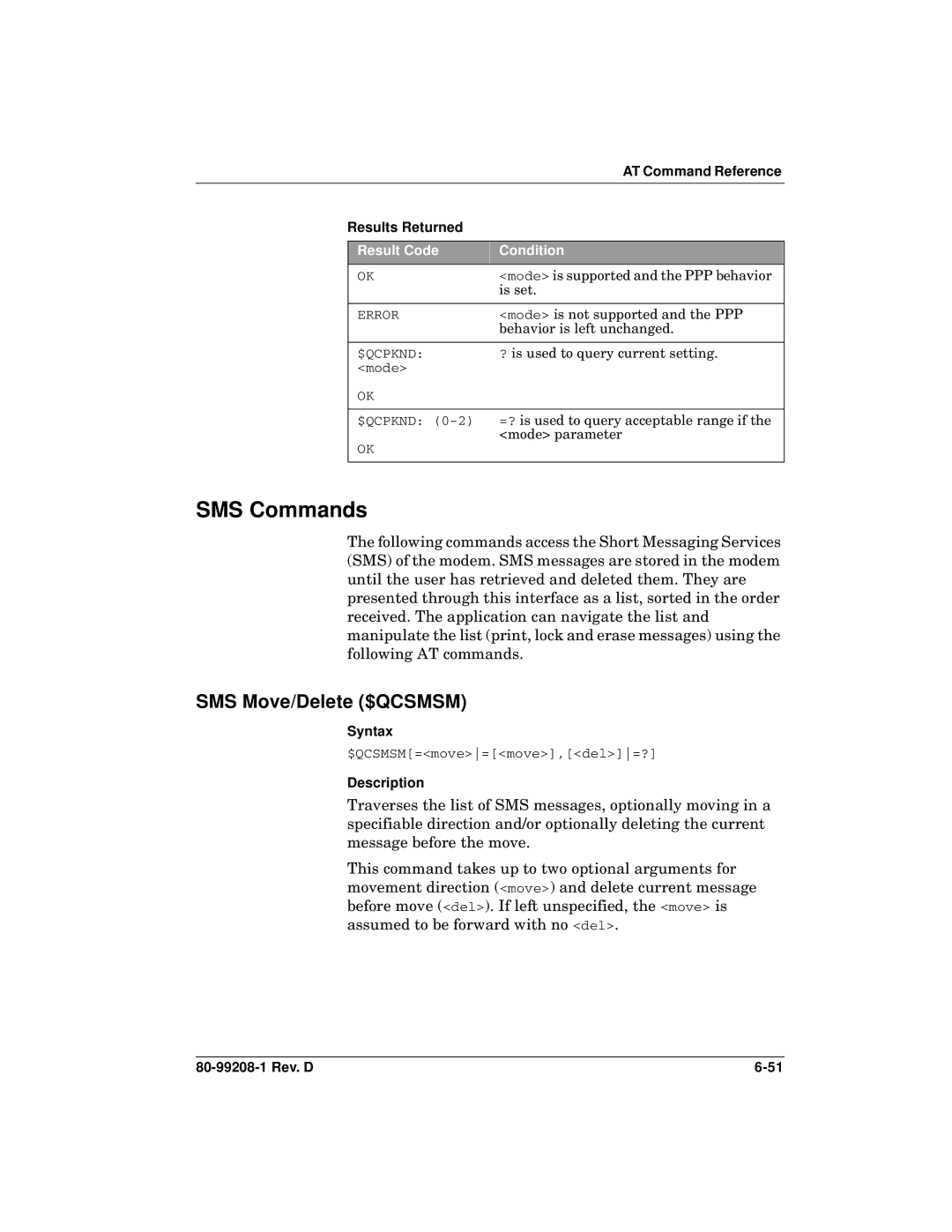 Qualcomm GSP-1620 specifications SMS Commands, SMS Move/Delete $QCSMSM 