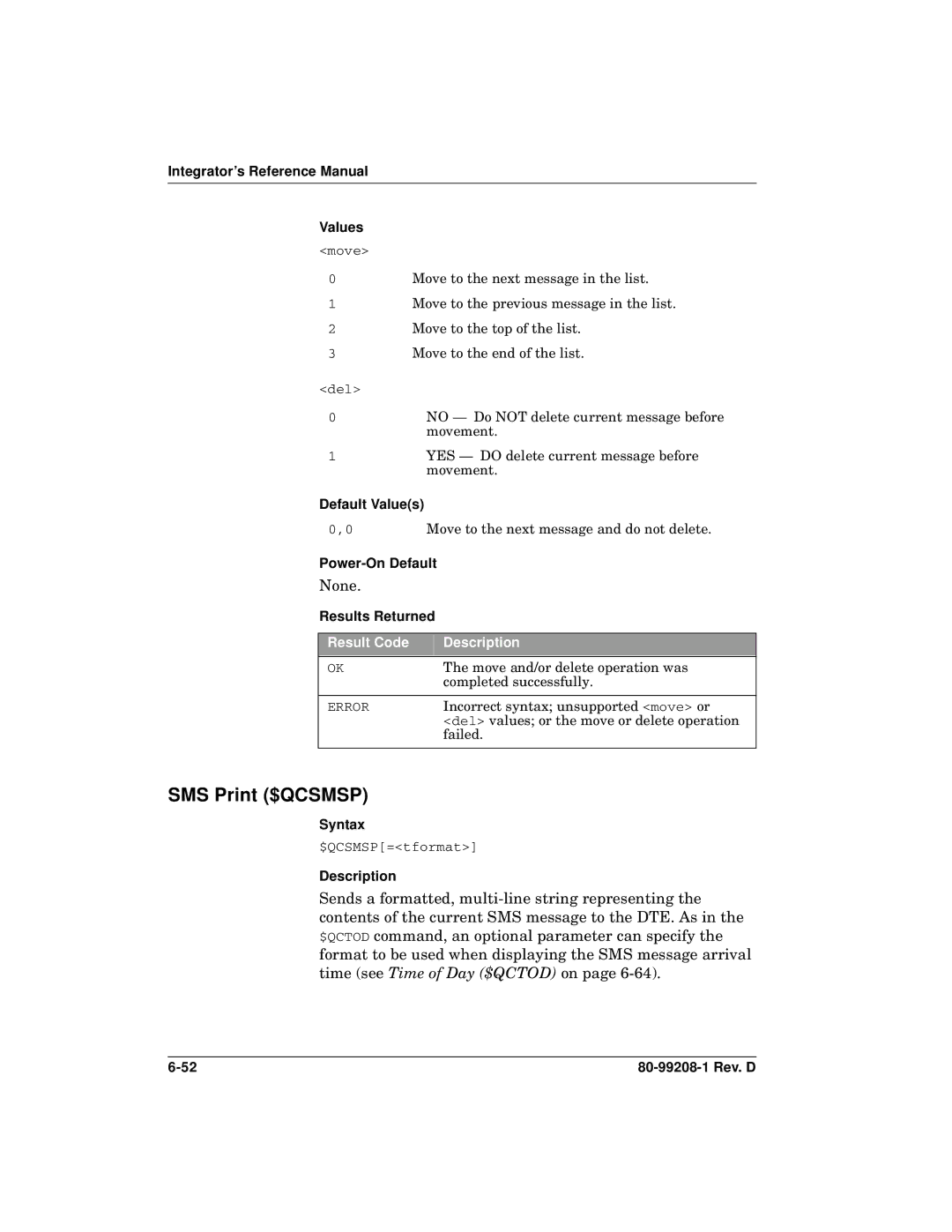 Qualcomm GSP-1620 specifications SMS Print $QCSMSP, Default Values, Power-On Default 