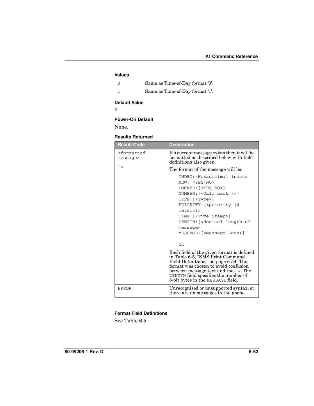 Qualcomm GSP-1620 specifications See Table, Default Value Power-On Default, Format Field Definitions 