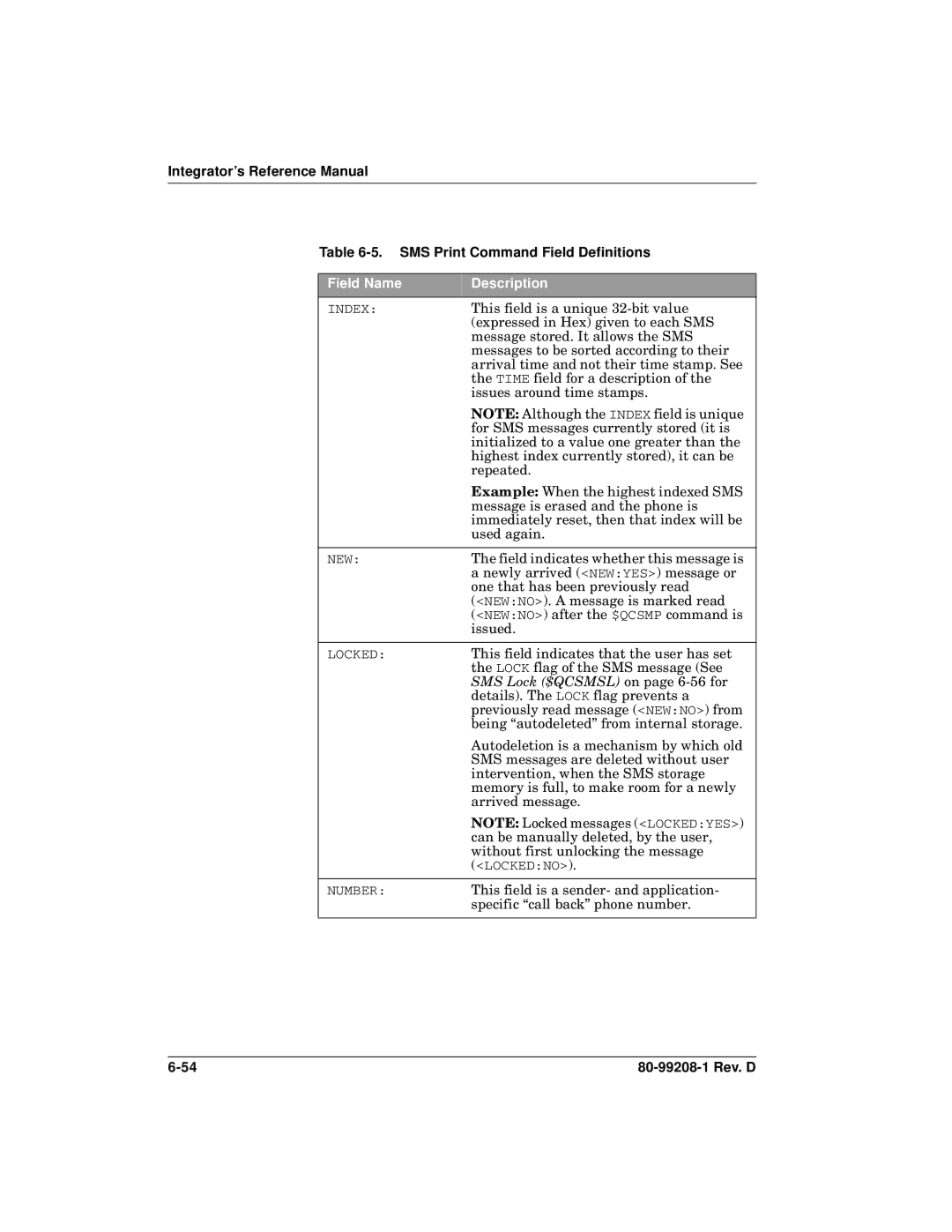 Qualcomm GSP-1620 specifications Field Name Description, SMS Lock $QCSMSL on page 6-56 for 