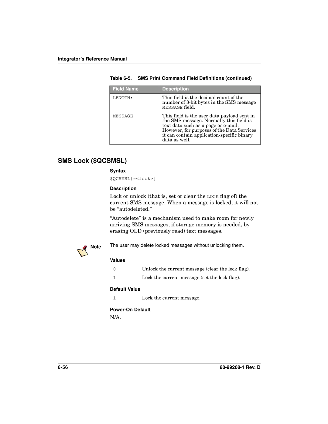 Qualcomm GSP-1620 specifications SMS Lock $QCSMSL, Default Value 