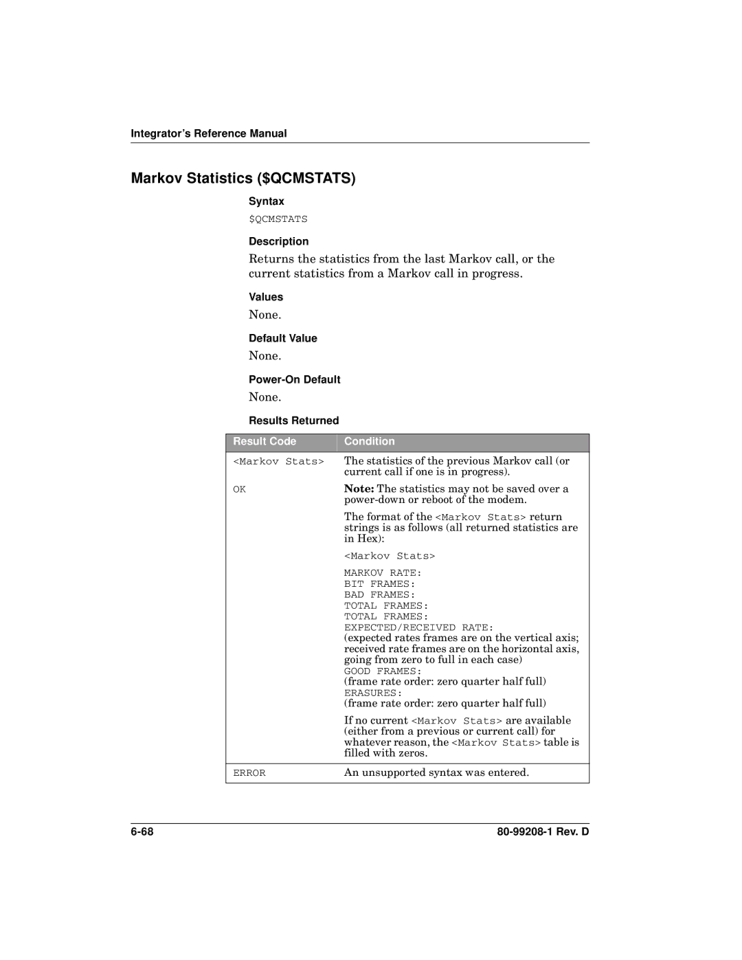 Qualcomm GSP-1620 specifications Markov Statistics $QCMSTATS, Default Value 