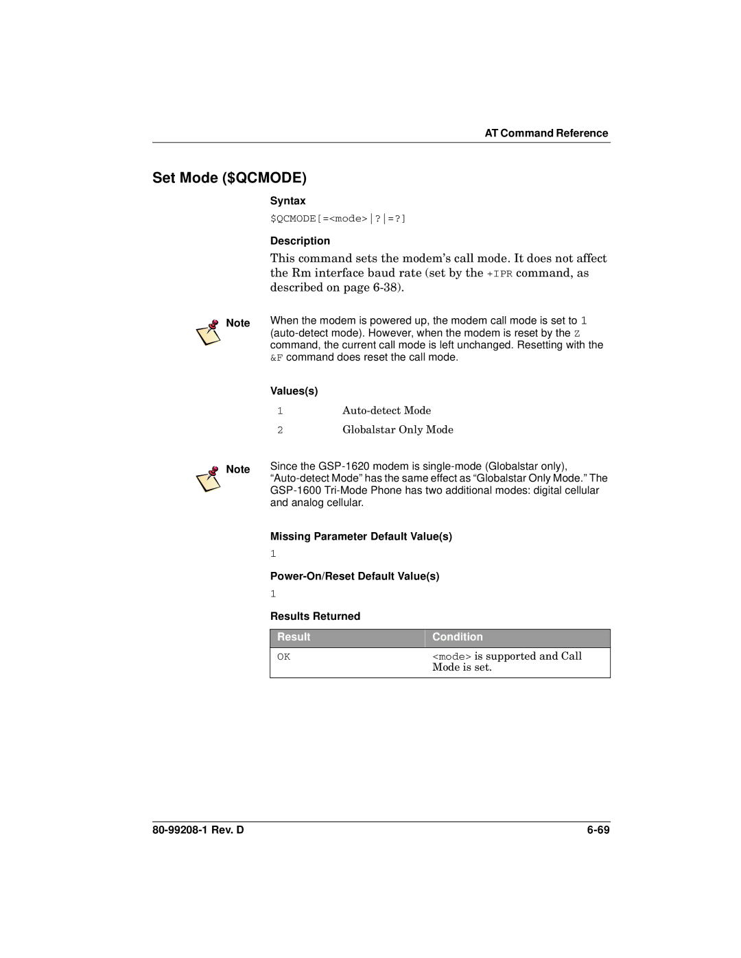 Qualcomm GSP-1620 Set Mode $QCMODE, This command sets the modem’s call mode. It does not affect, Described on, Valuess 