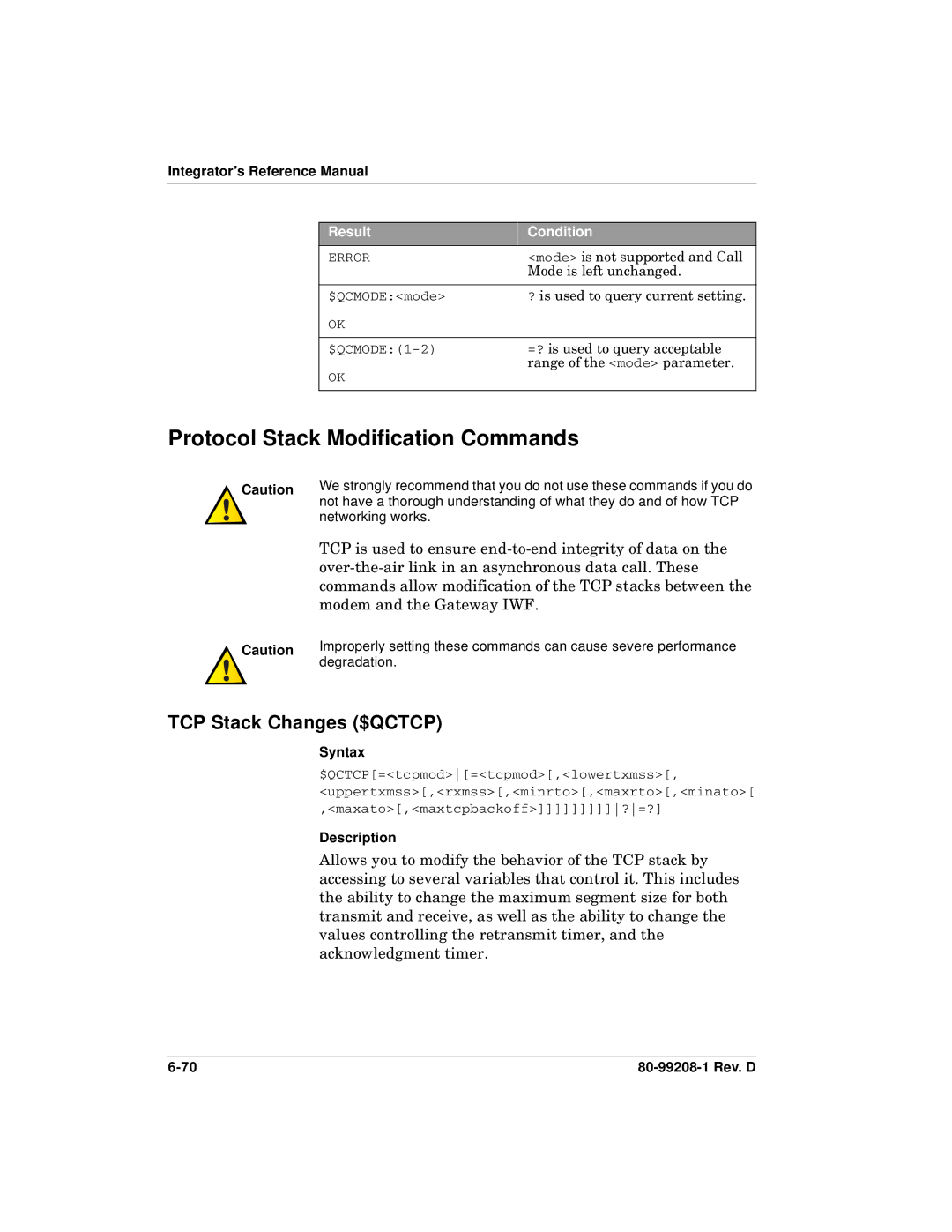 Qualcomm GSP-1620 specifications Protocol Stack Modification Commands, TCP Stack Changes $QCTCP 