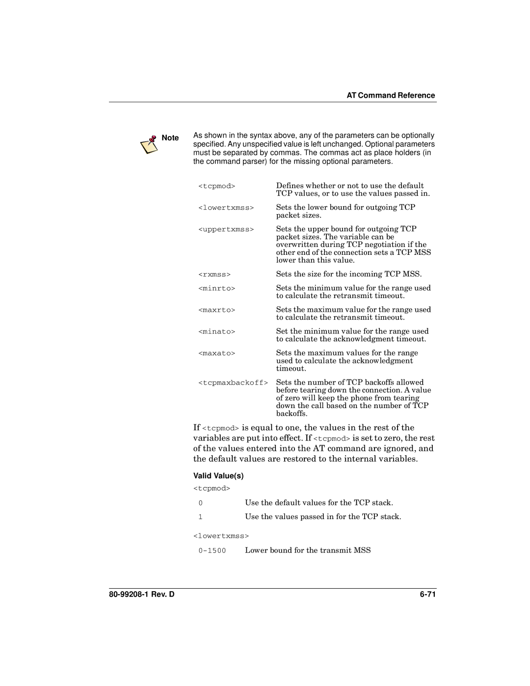 Qualcomm GSP-1620 specifications Command parser for the missing optional parameters, Valid Values tcpmod 