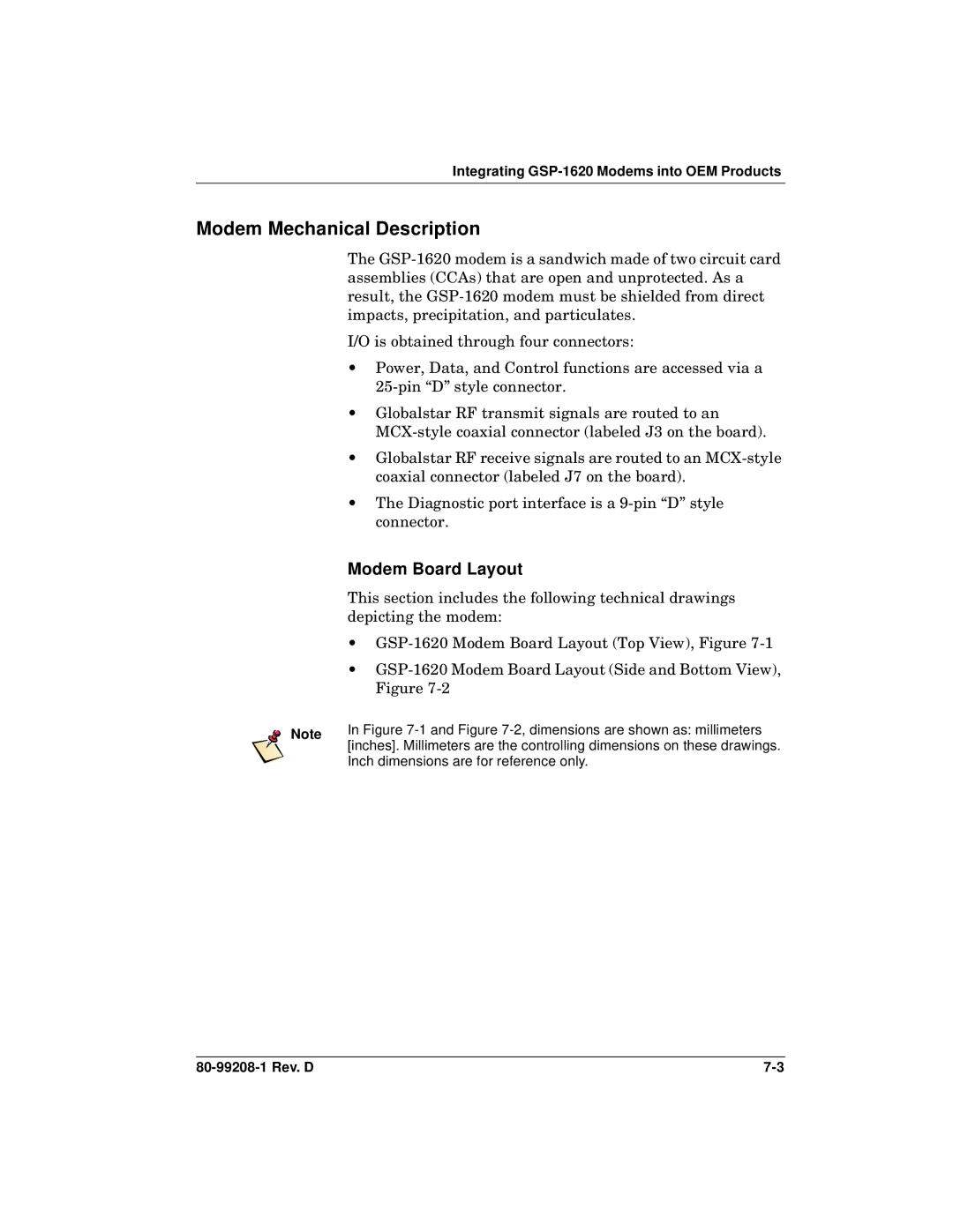 Qualcomm specifications Modem Mechanical Description, Modem Board Layout, Integrating GSP-1620 Modems into OEM Products 