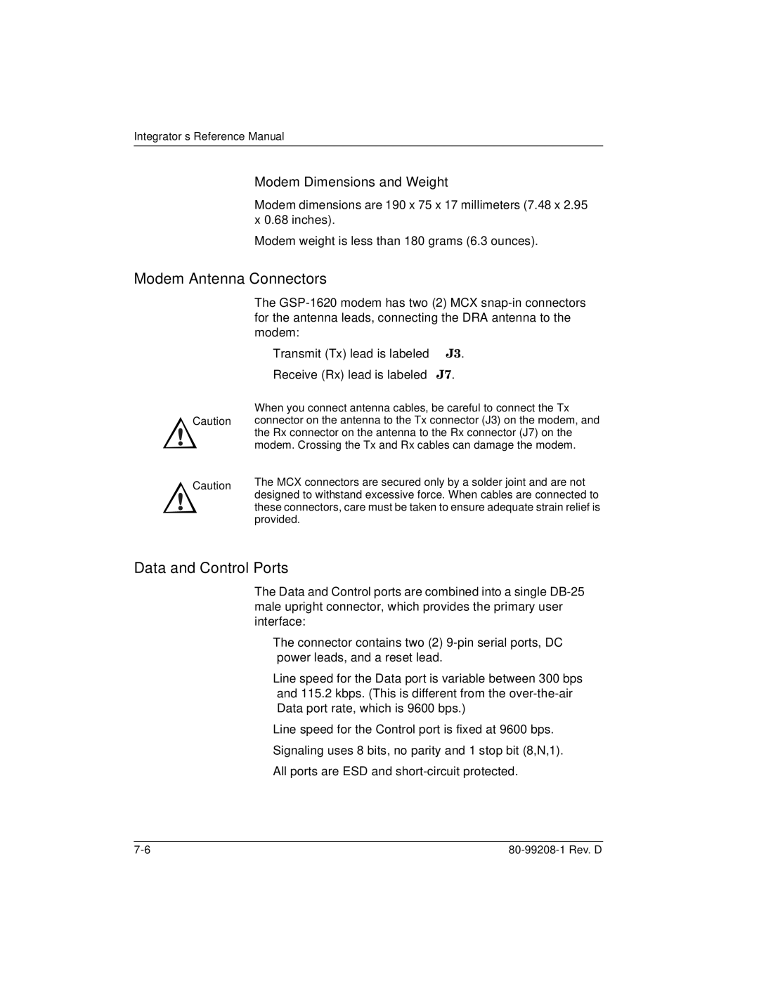 Qualcomm GSP-1620 specifications Modem Antenna Connectors, Data and Control Ports, Modem Dimensions and Weight 