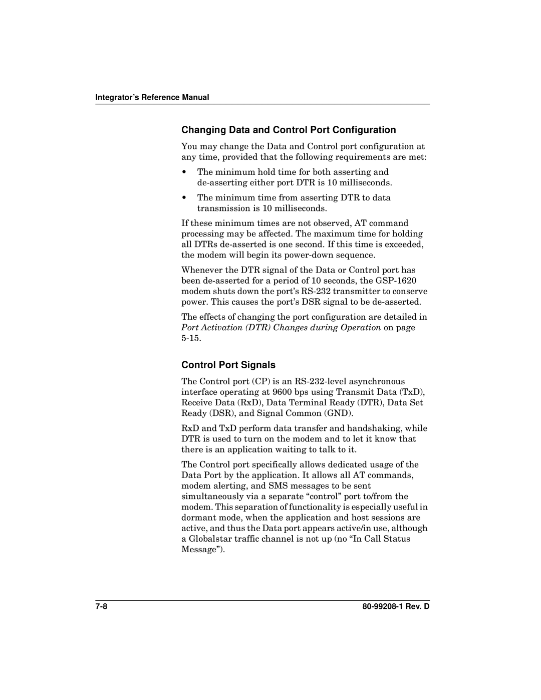 Qualcomm GSP-1620 specifications Changing Data and Control Port Configuration, Control Port Signals 