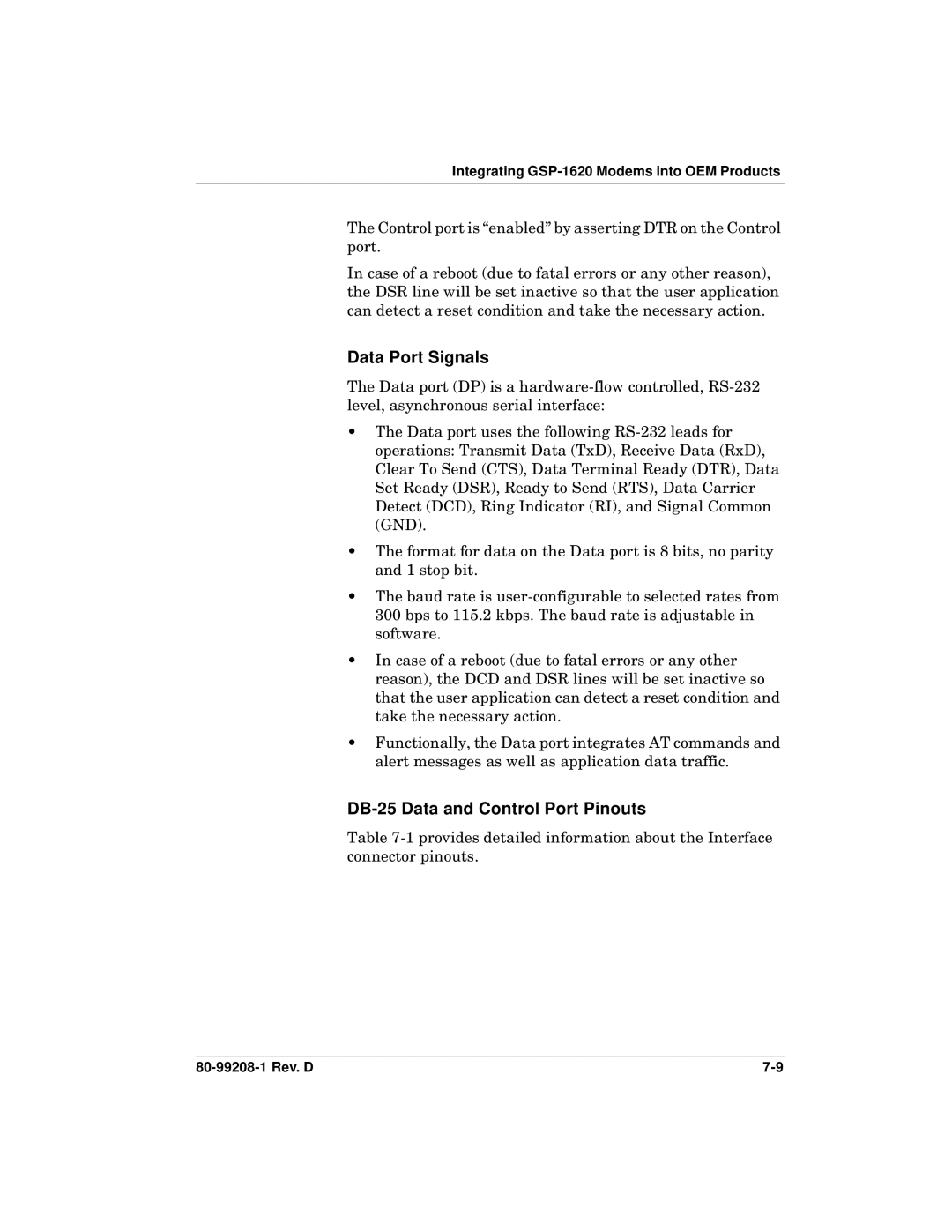 Qualcomm GSP-1620 specifications Data Port Signals, DB-25 Data and Control Port Pinouts 