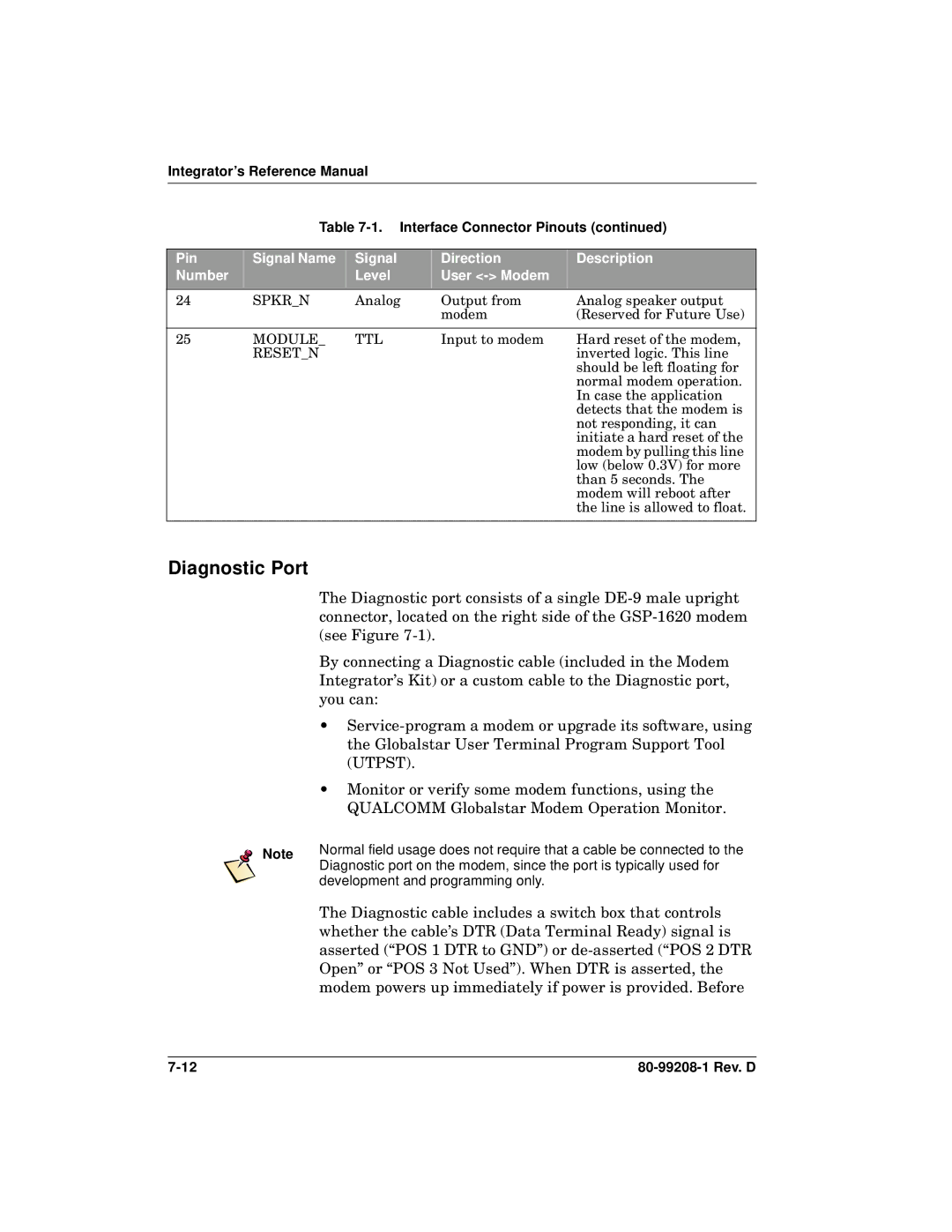 Qualcomm GSP-1620 specifications Diagnostic Port, Diagnostic cable includes a switch box that controls 