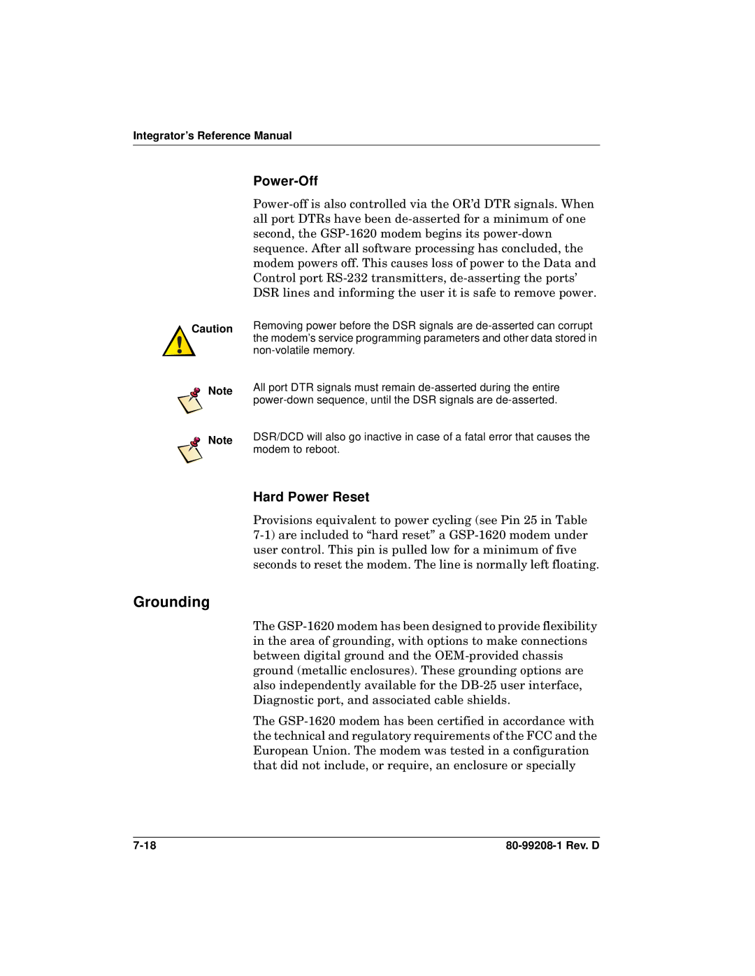 Qualcomm GSP-1620 specifications Grounding, Power-Off, Hard Power Reset 