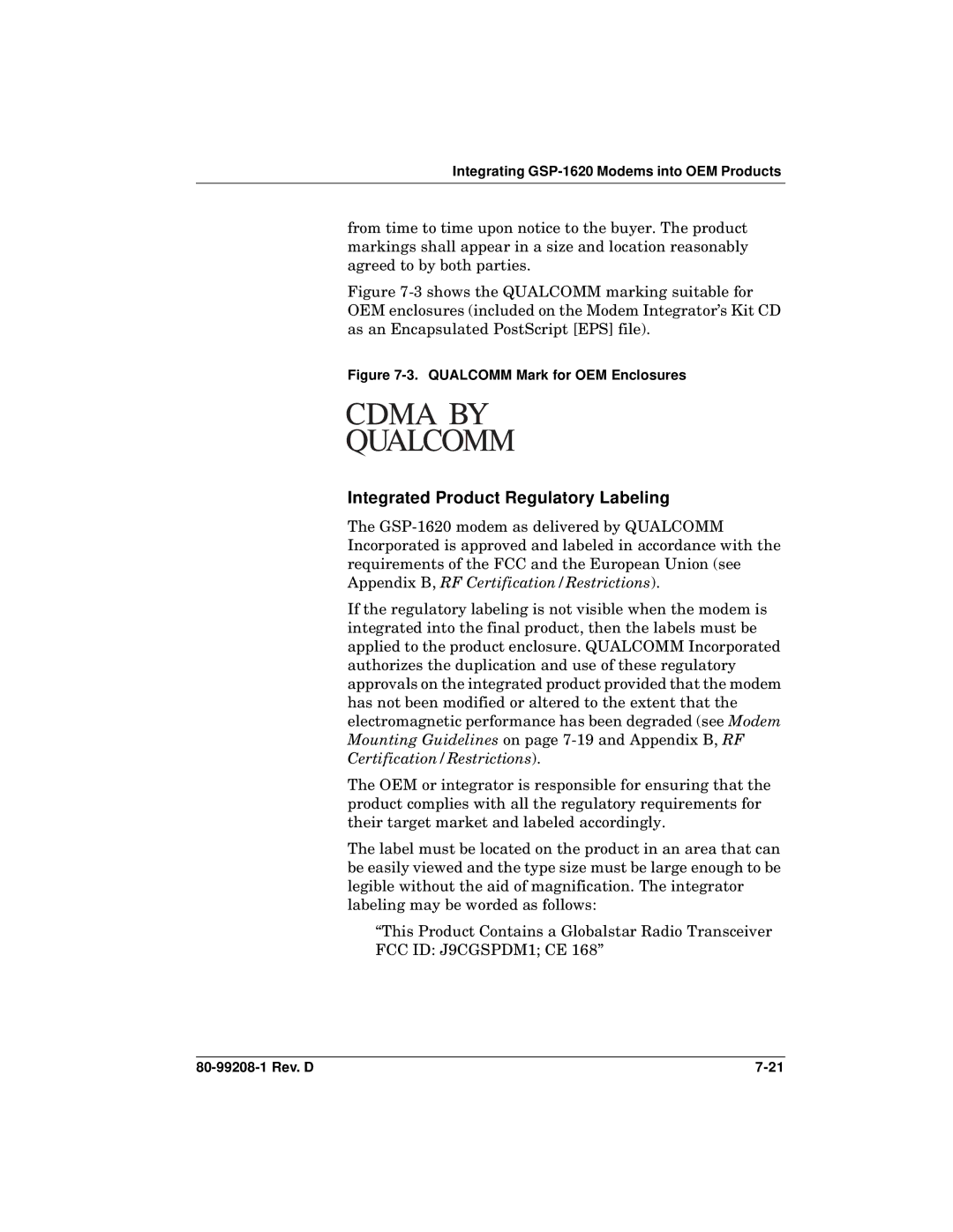 Qualcomm GSP-1620 specifications Integrated Product Regulatory Labeling, Qualcomm Mark for OEM Enclosures 