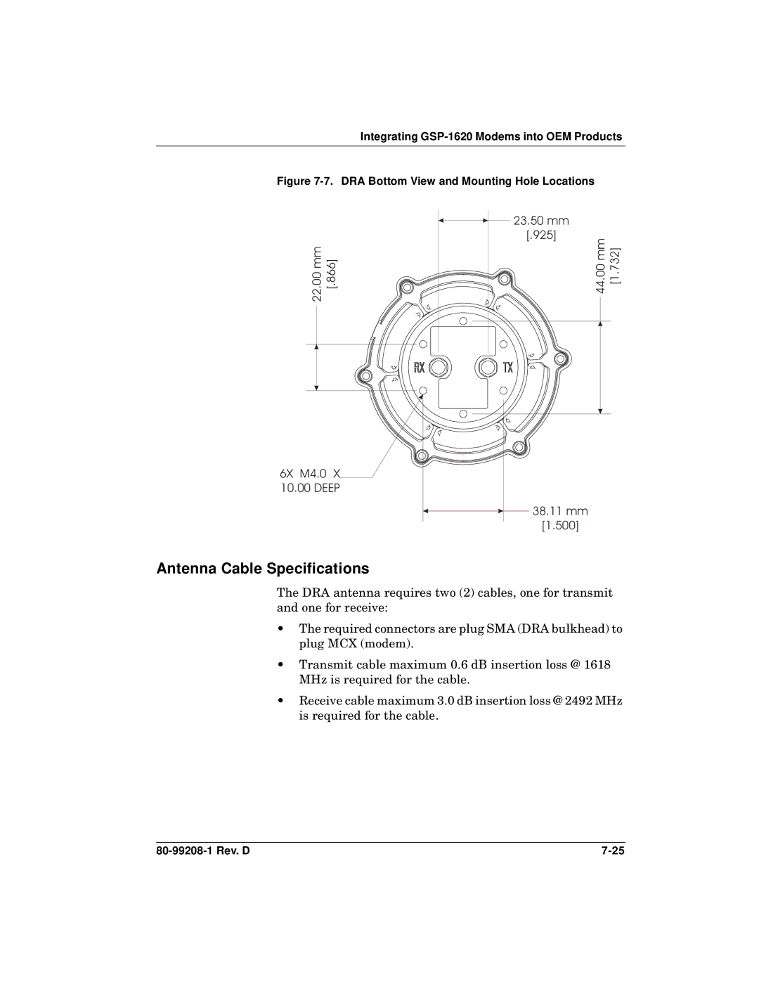 Qualcomm GSP-1620 specifications Antenna Cable Specifications, DRA Bottom View and Mounting Hole Locations 