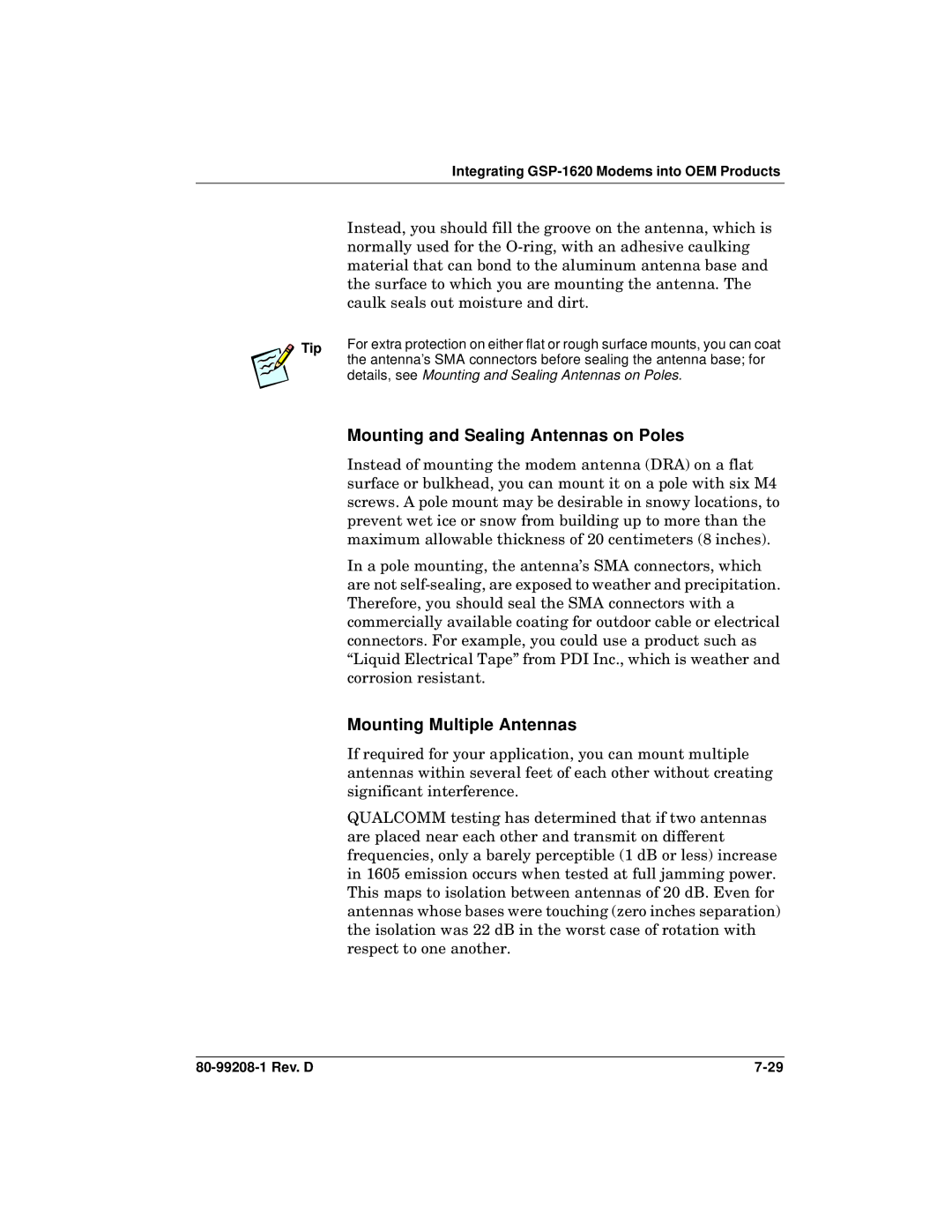 Qualcomm GSP-1620 specifications Mounting and Sealing Antennas on Poles, Mounting Multiple Antennas 