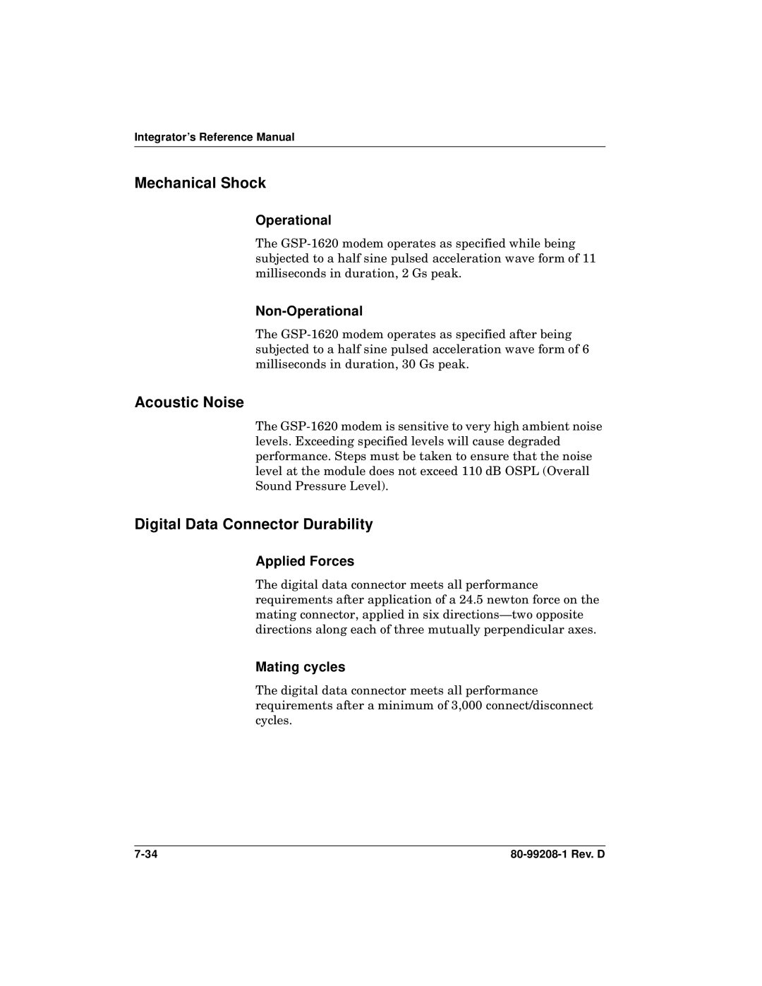 Qualcomm GSP-1620 Mechanical Shock, Acoustic Noise, Digital Data Connector Durability, Applied Forces, Mating cycles 