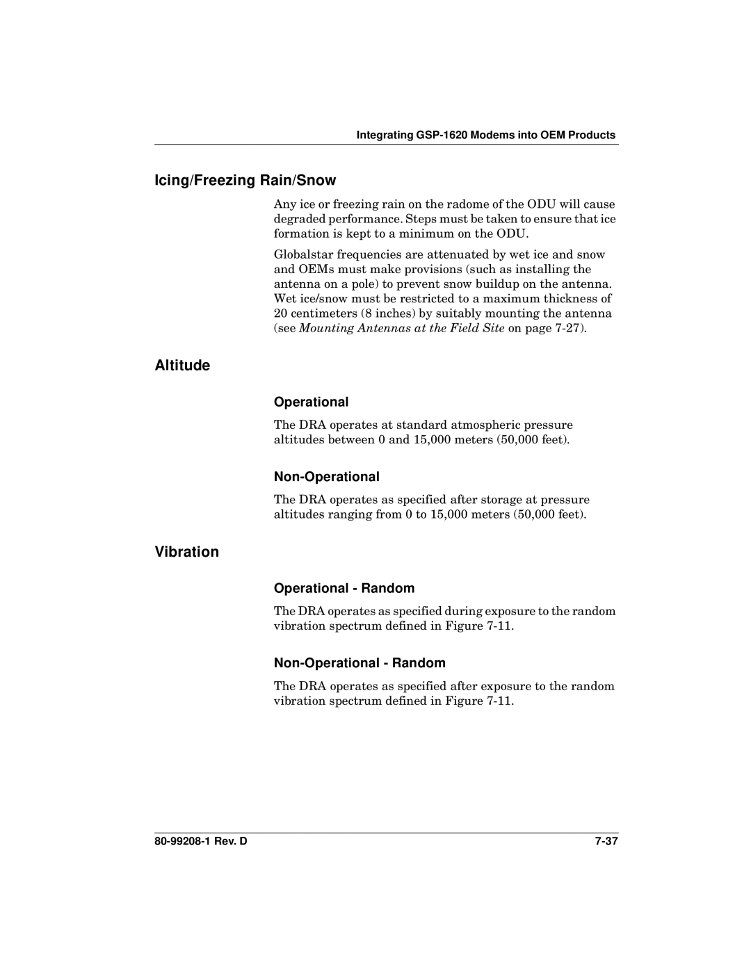 Qualcomm GSP-1620 specifications Icing/Freezing Rain/Snow, Altitude 