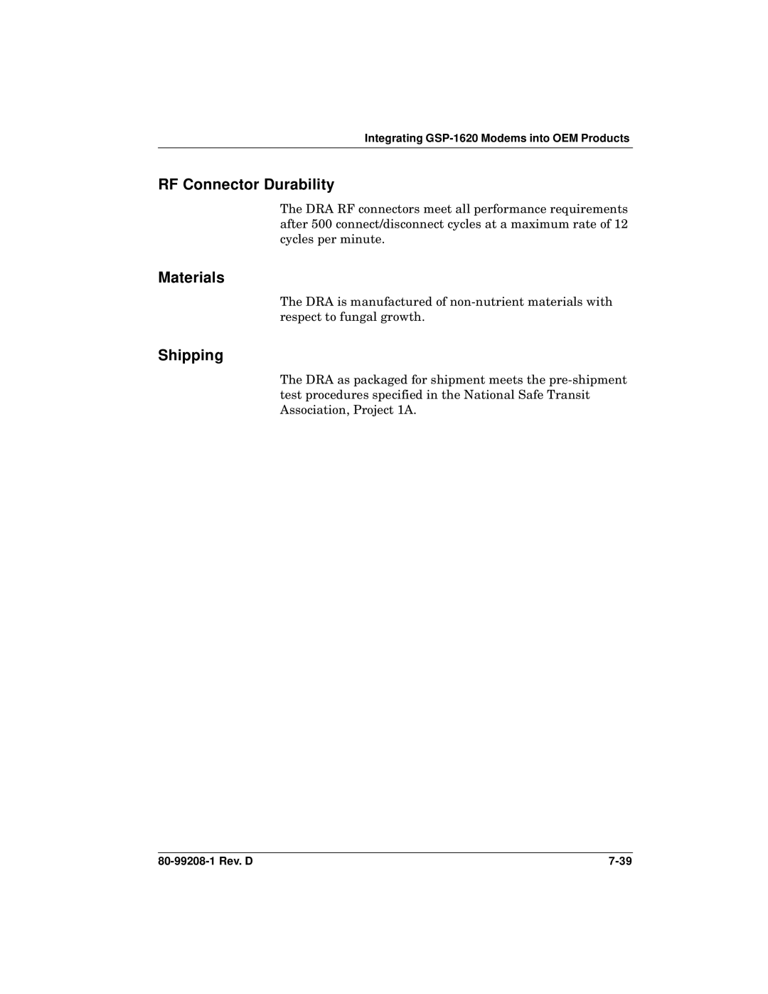 Qualcomm GSP-1620 specifications RF Connector Durability 