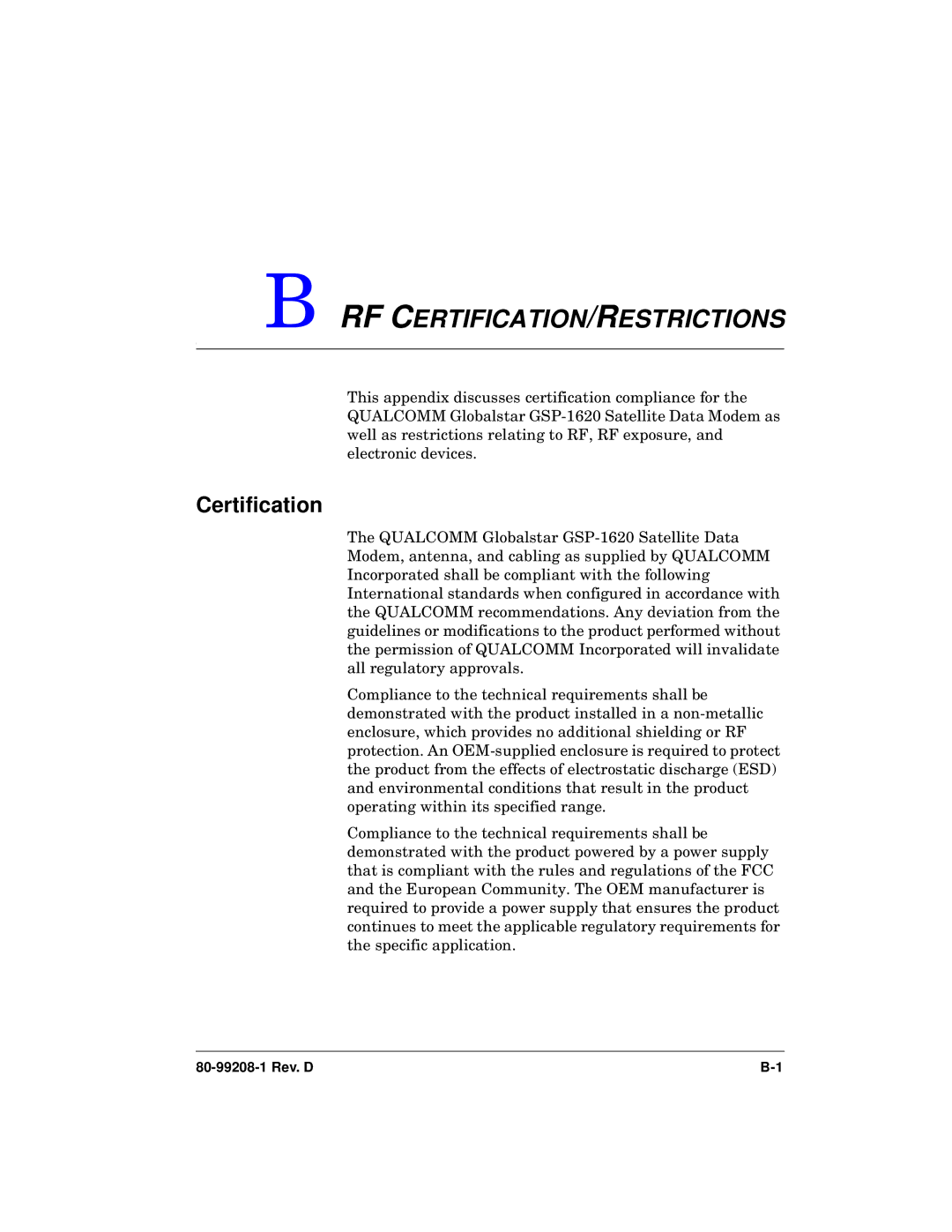 Qualcomm GSP-1620 specifications Rf Certification/Restrictions 