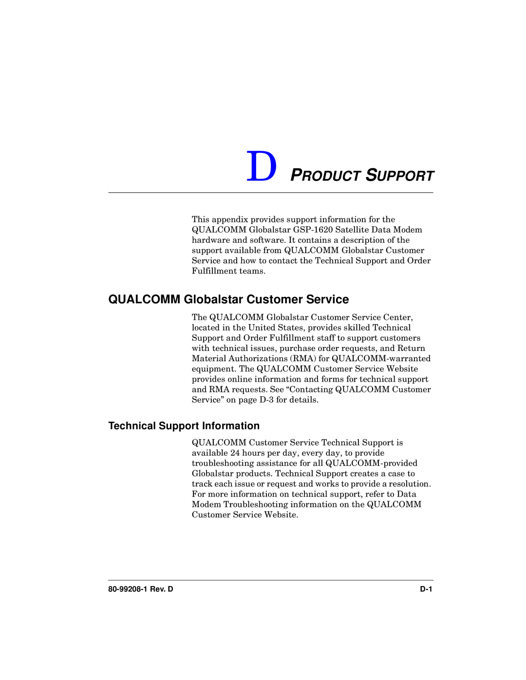 Qualcomm GSP-1620 specifications Product Support, Qualcomm Globalstar Customer Service, Technical Support Information 